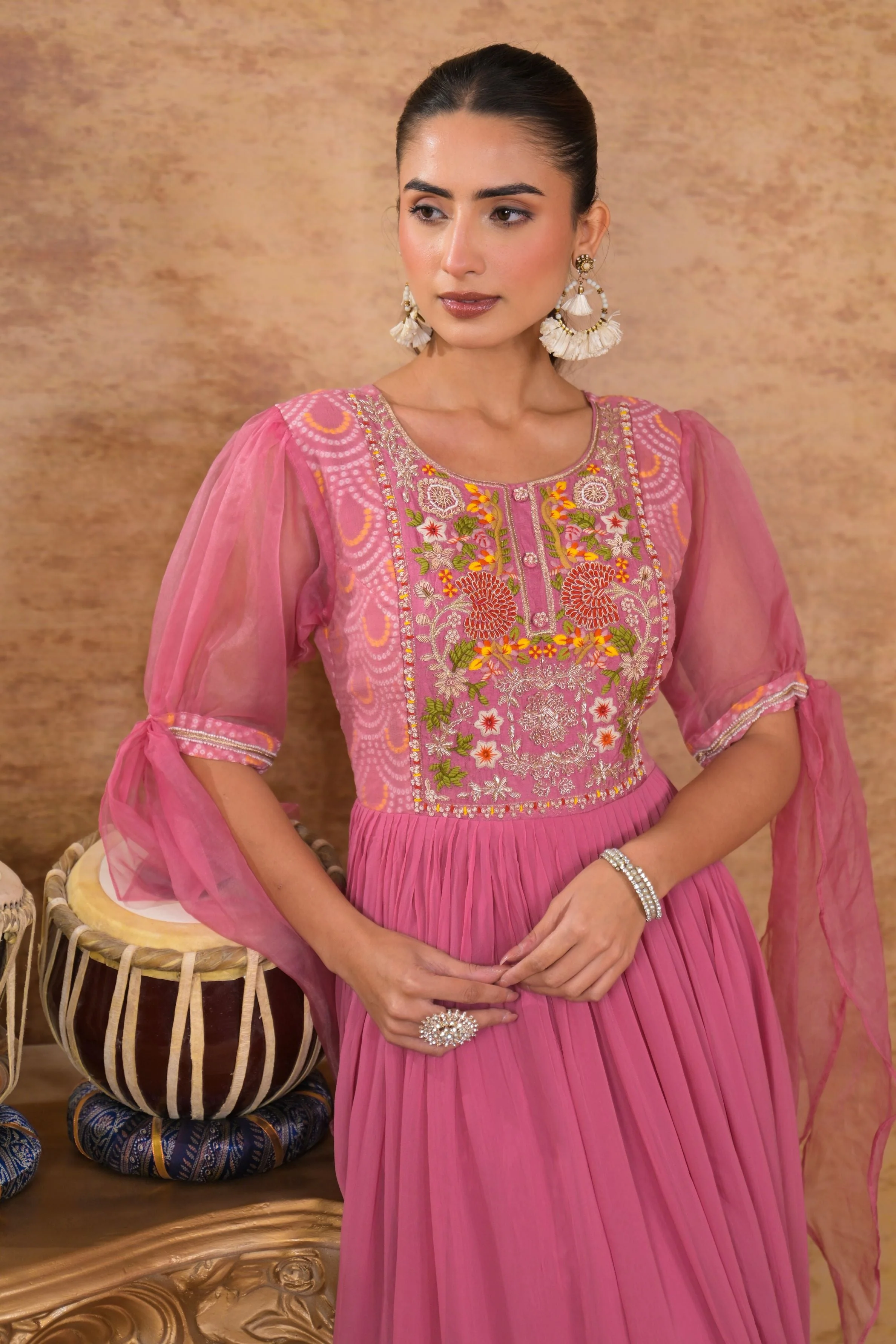 Pink Bandhej Printed Georgette Silk Gown - Image 2