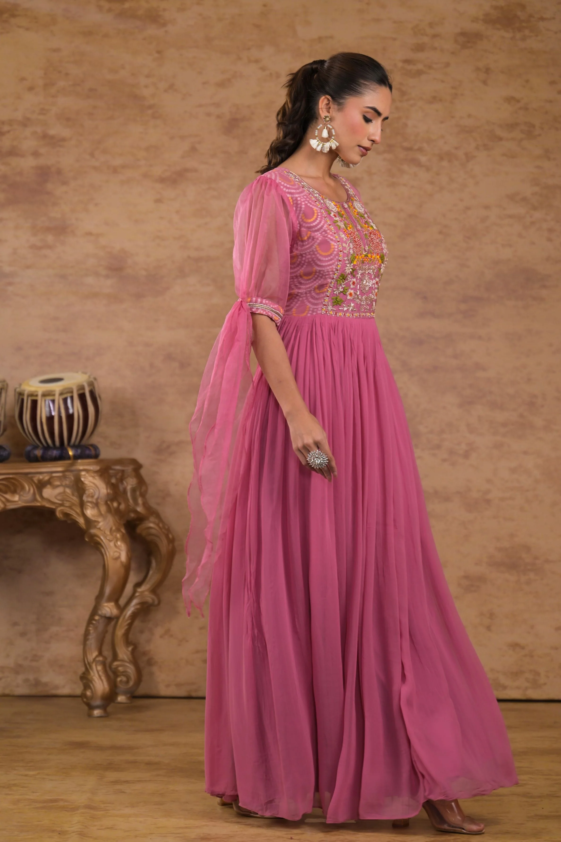 Pink Bandhej Printed Georgette Silk Gown - Image 3