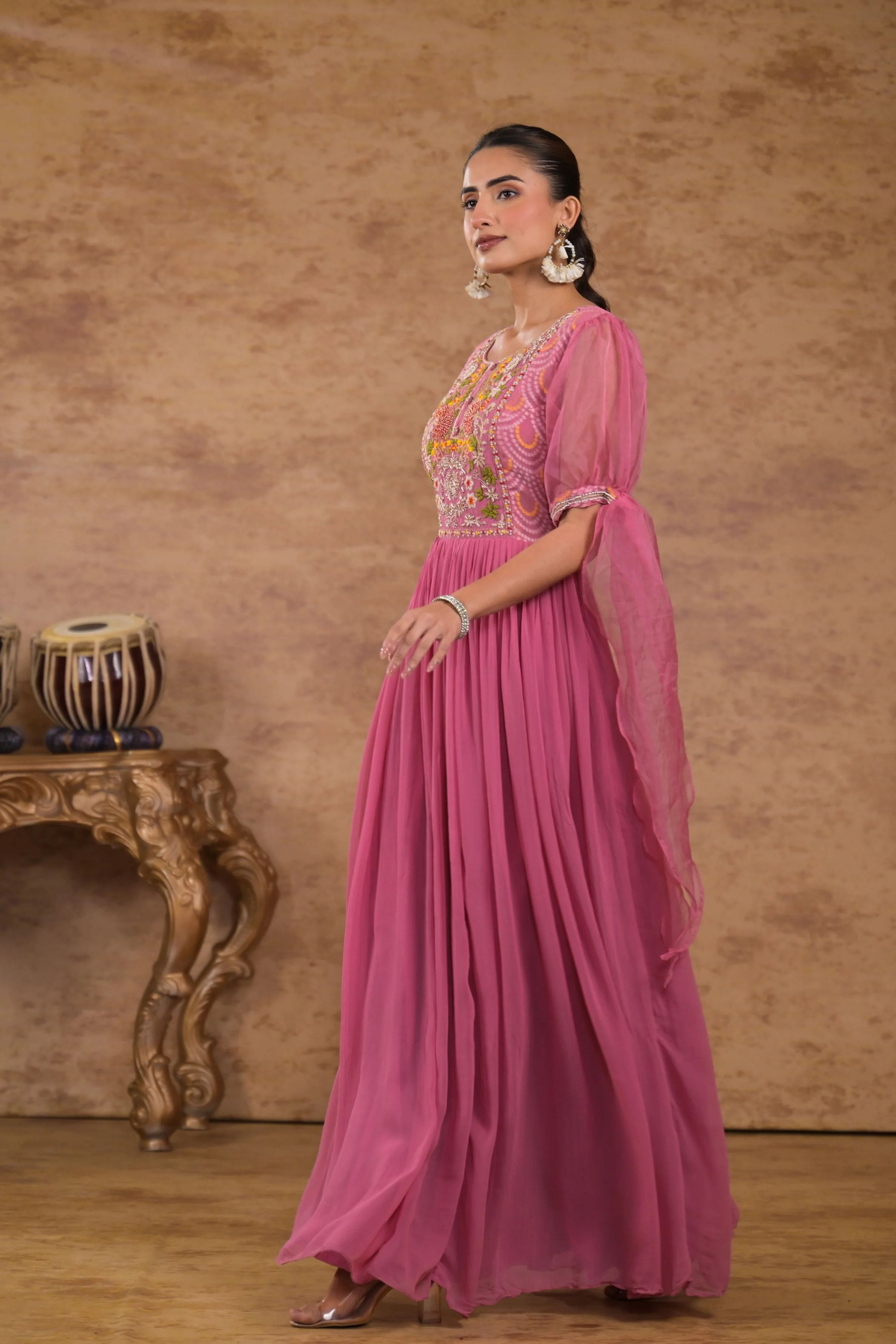 Pink Bandhej Printed Georgette Silk Gown - Image 4
