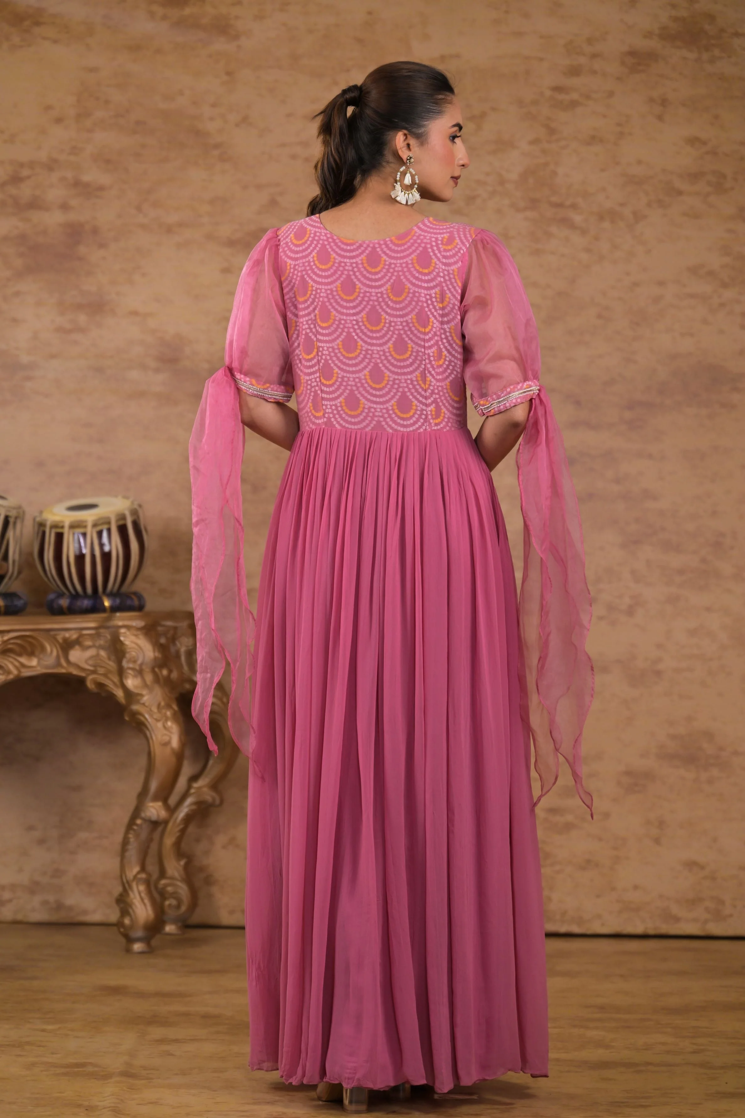 Pink Bandhej Printed Georgette Silk Gown - Image 5