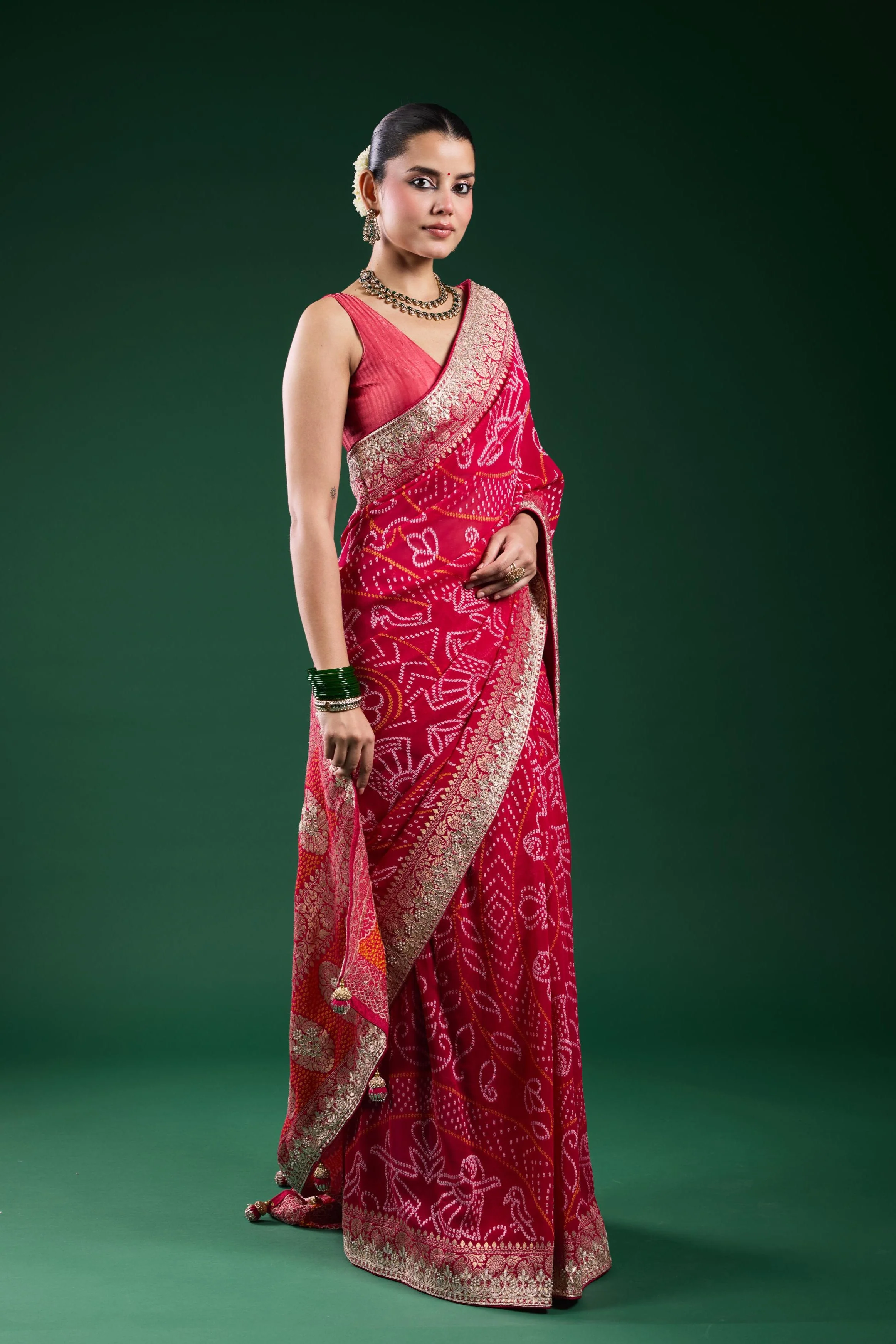 Pink Bandhej Printed Georgette Silk Saree - Image 2