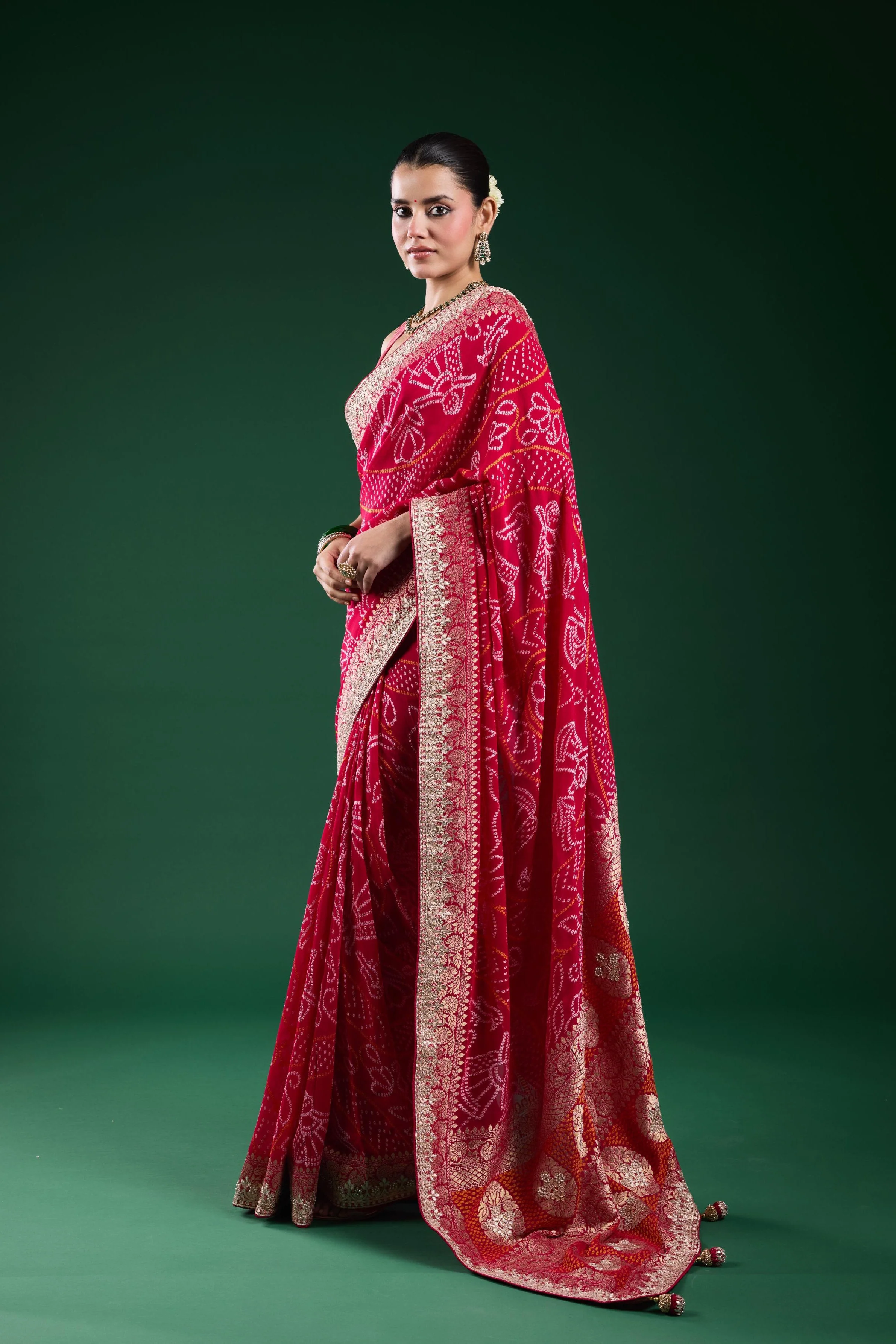 Pink Bandhej Printed Georgette Silk Saree - Image 3