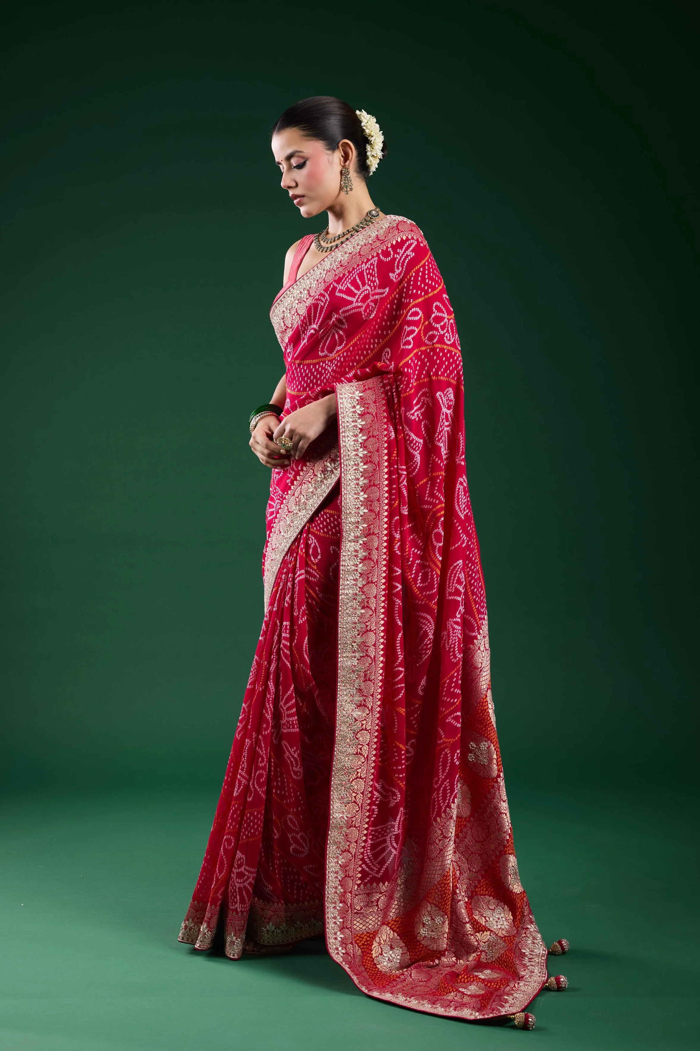 Pink Bandhej Printed Georgette Silk Saree - Image 5