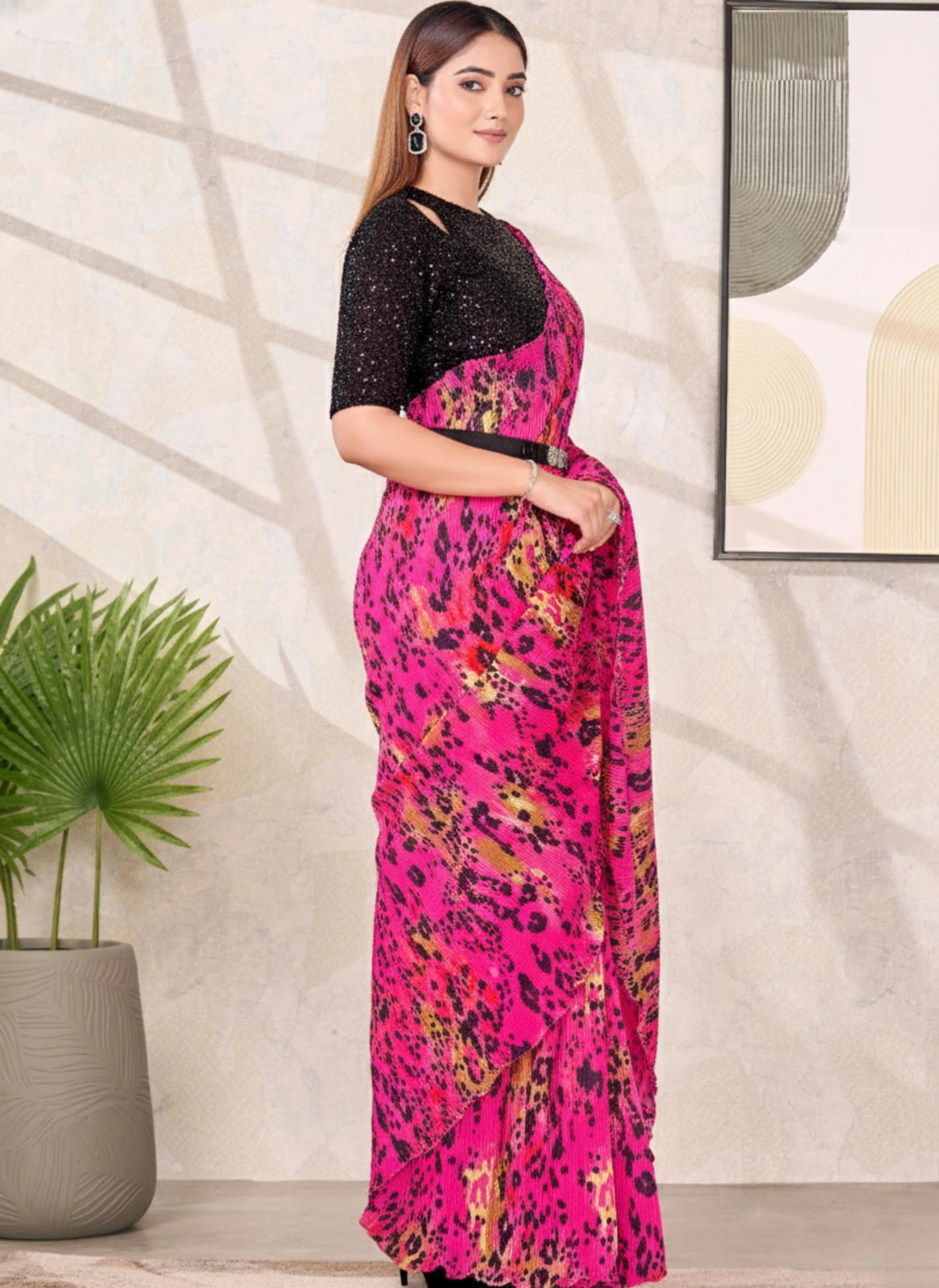 Pink & Black Satin Silk Saree - Image 7