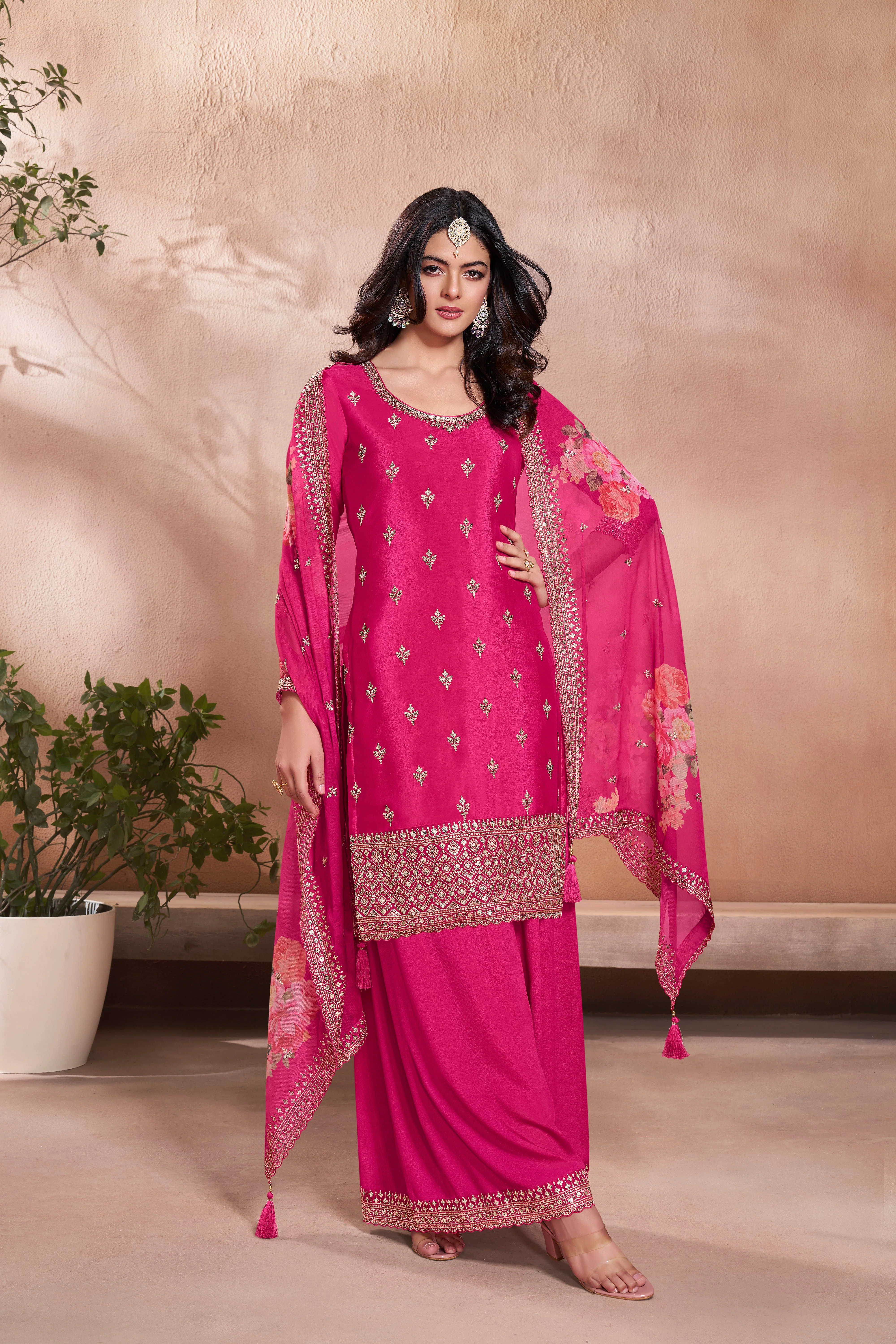 Pink Chinon Silk Kurta & Palazzo Set - Image 2