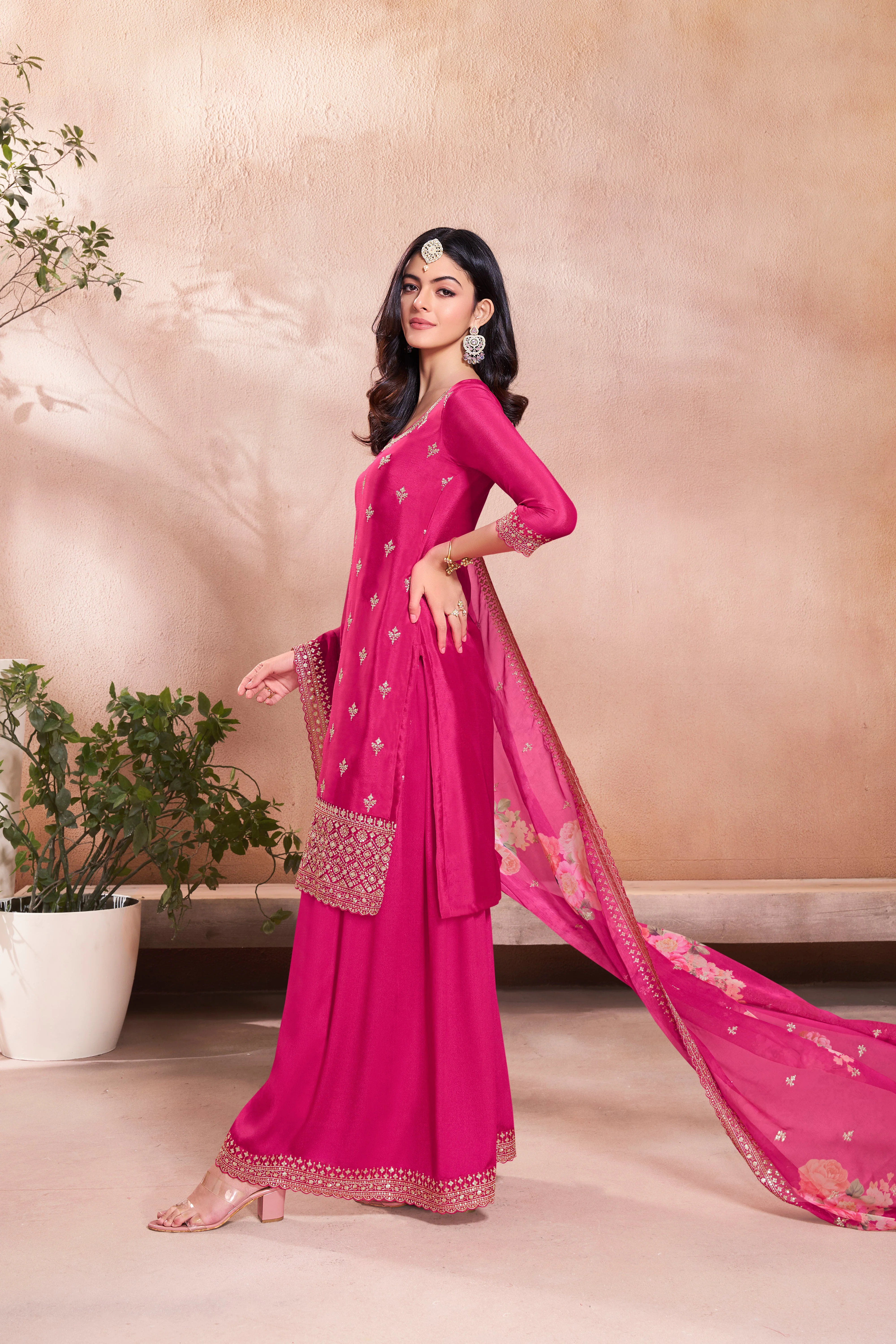 Pink Chinon Silk Kurta & Palazzo Set - Image 3