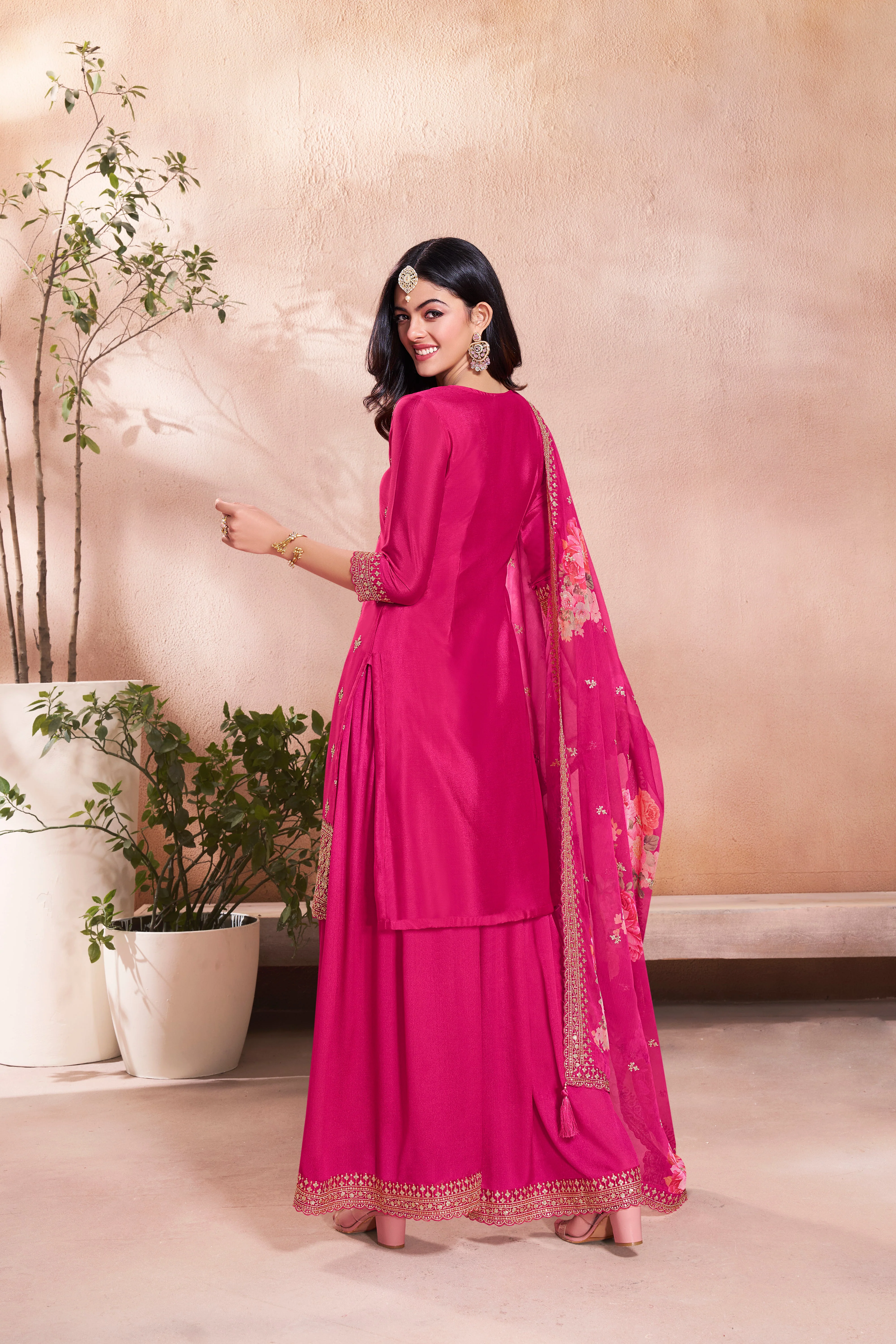 Pink Chinon Silk Kurta & Palazzo Set - Image 4
