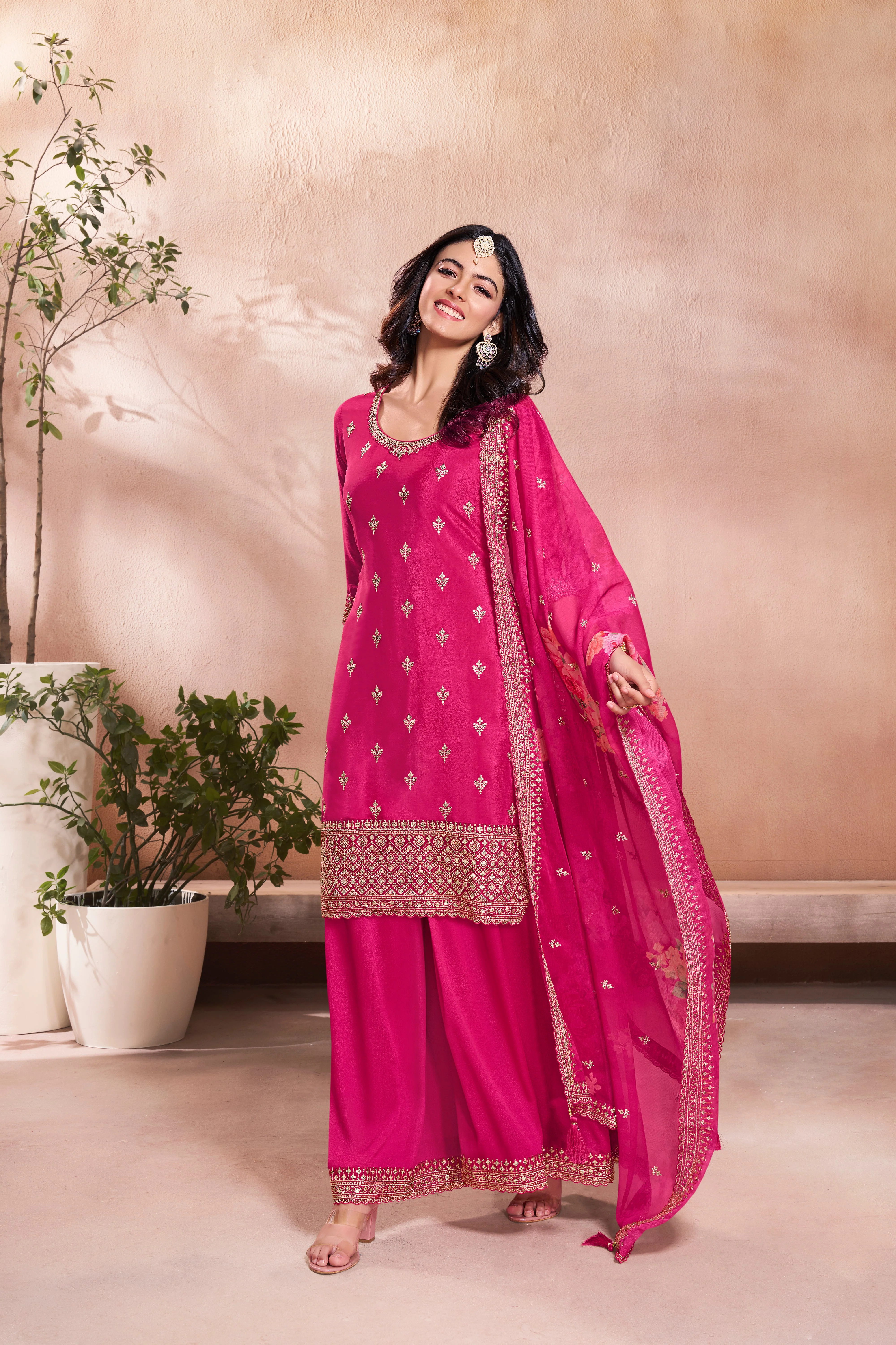 Pink Chinon Silk Kurta & Palazzo Set - Image 5