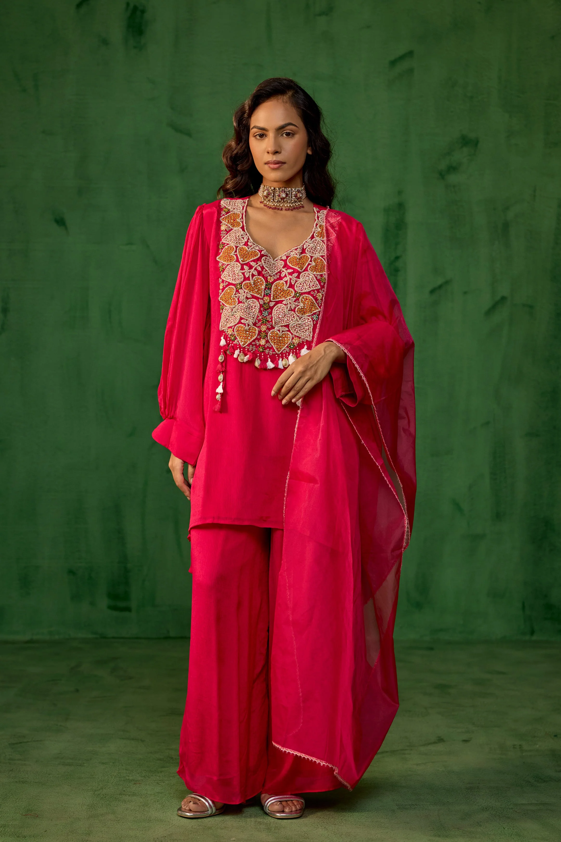 Queen Pink Embellished Chinon Silk Palazzo Set