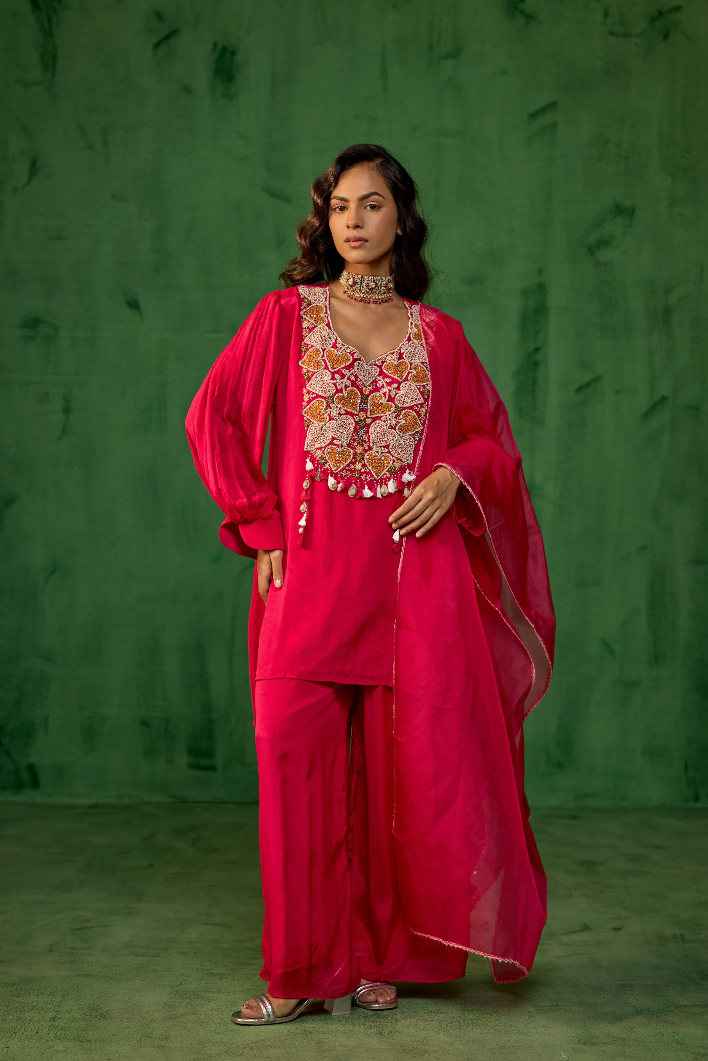 Queen Pink Embellished Chinon Silk Palazzo Set - Image 4