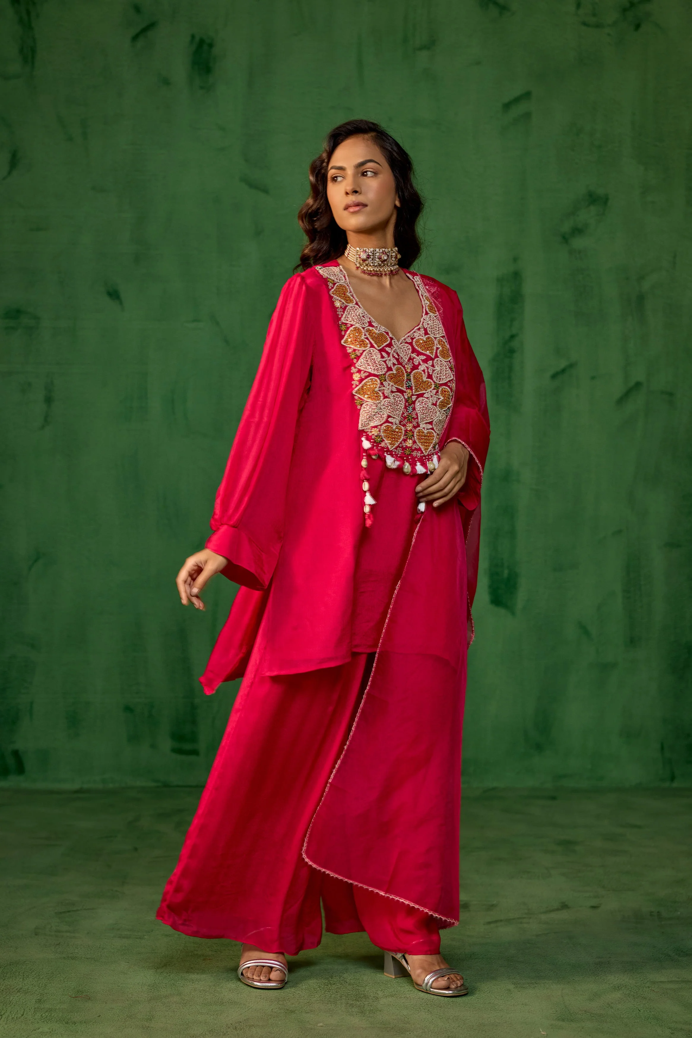 Queen Pink Embellished Chinon Silk Palazzo Set - Image 5