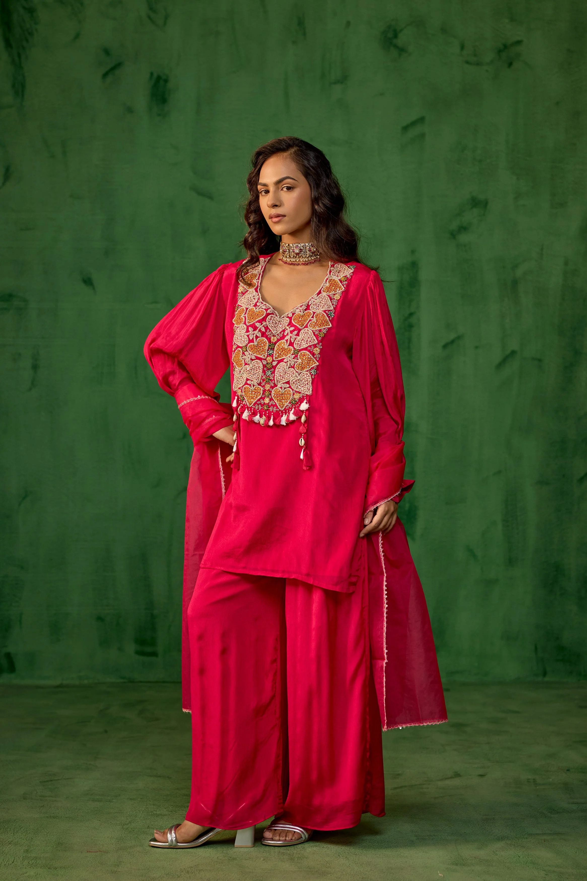 Queen Pink Embellished Chinon Silk Palazzo Set - Image 7