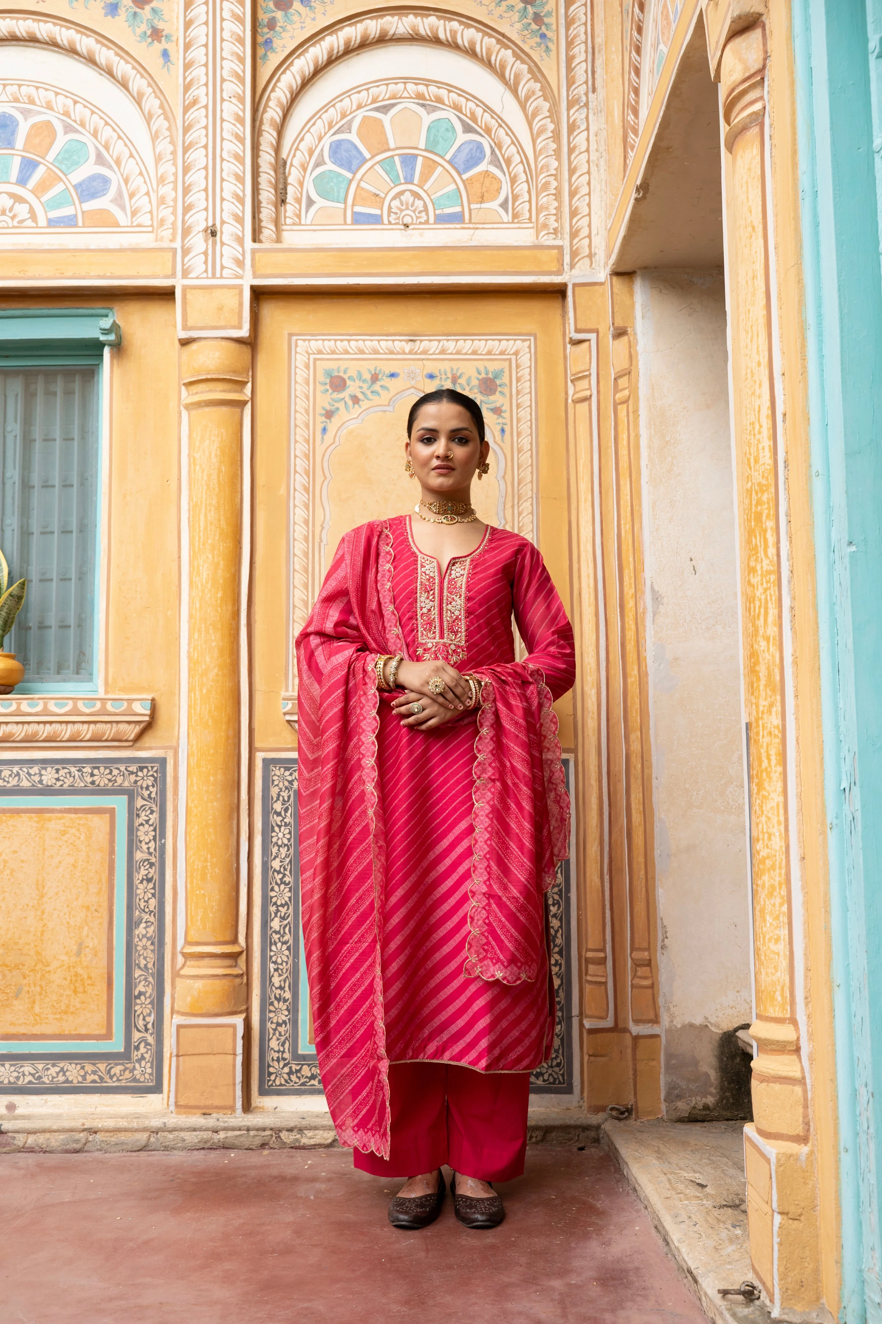 Coral Pink Embellished Chanderi Silk Pant Set