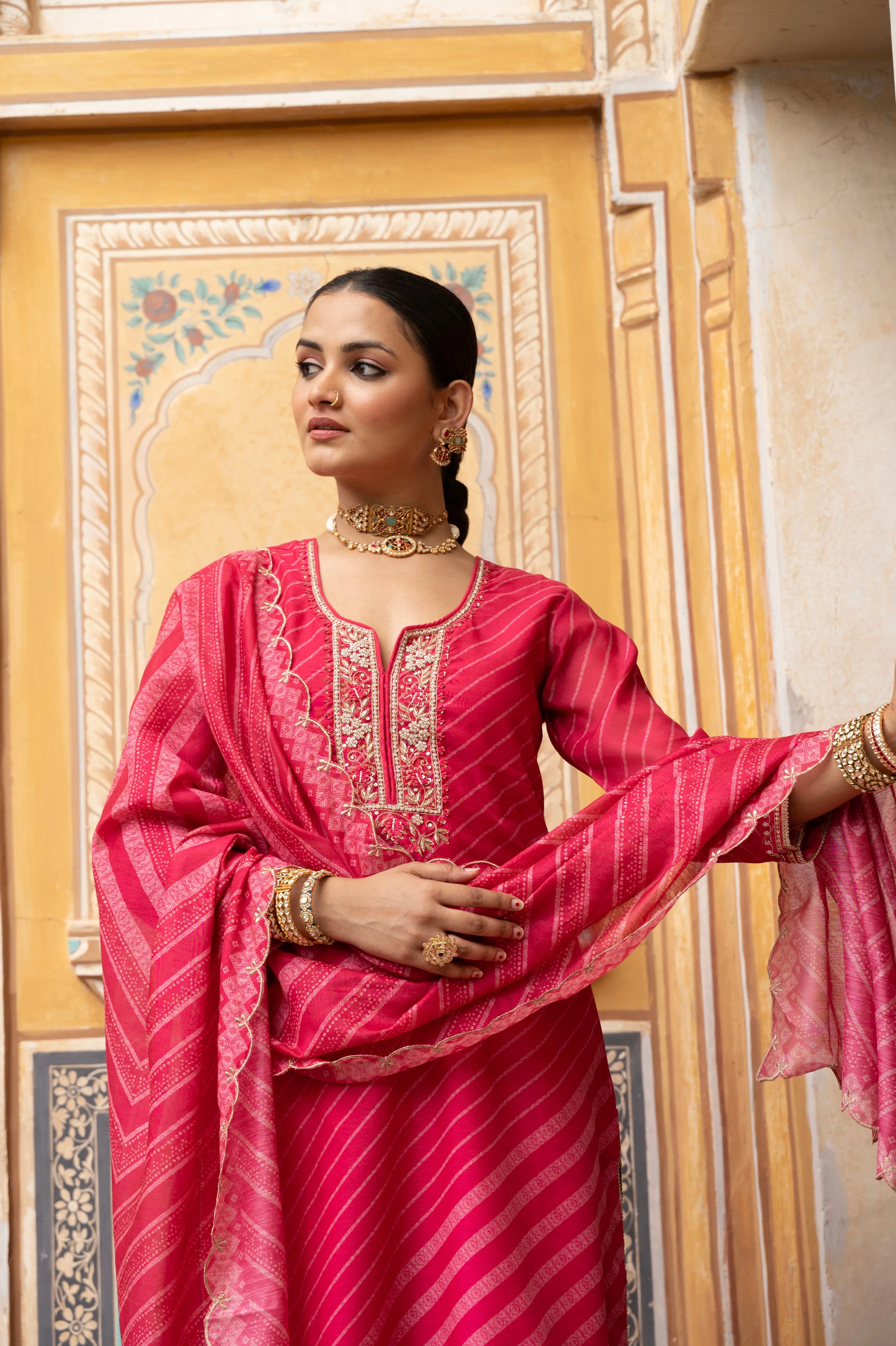Coral Pink Embellished Chanderi Silk Pant Set - Image 2