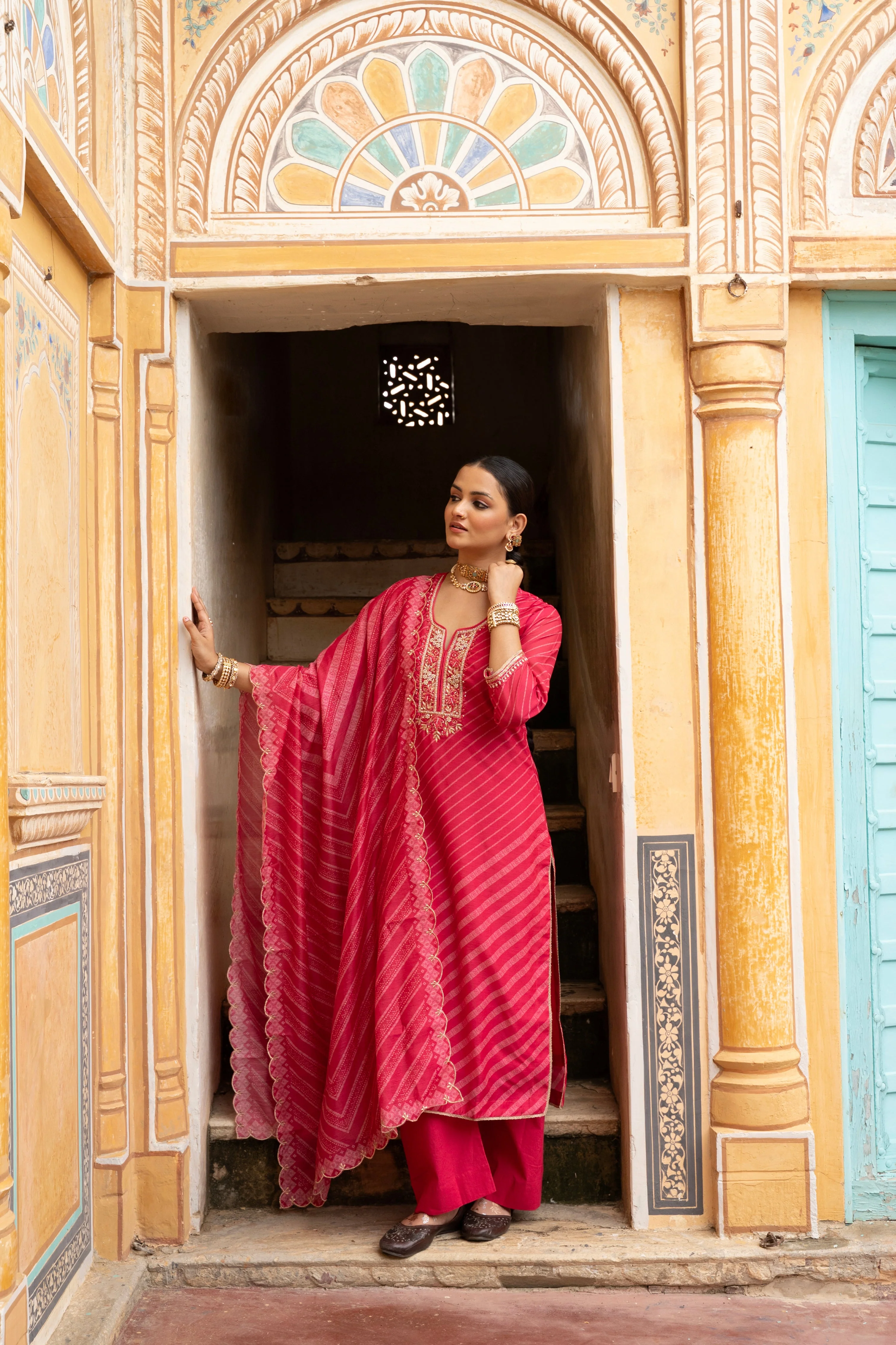 Coral Pink Embellished Chanderi Silk Pant Set - Image 3