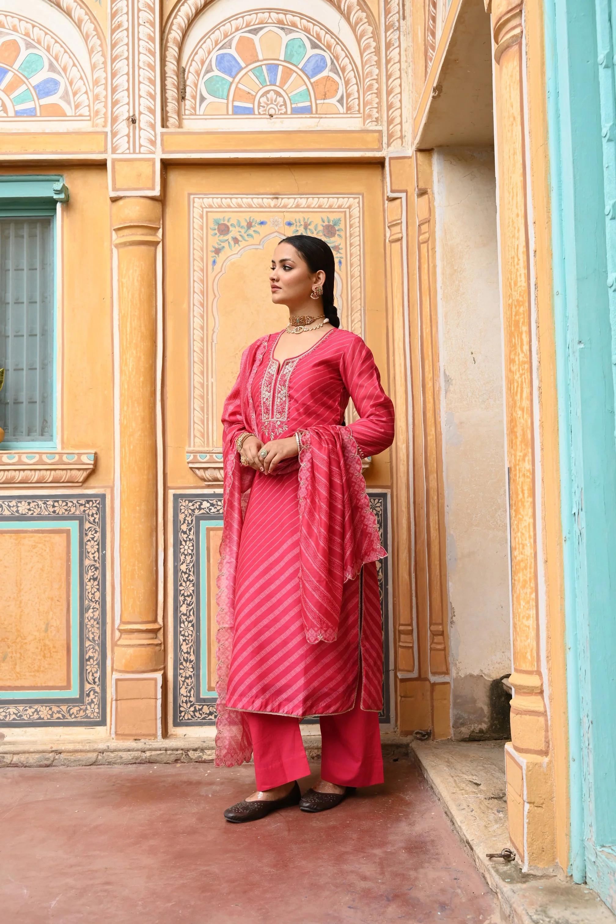 Coral Pink Embellished Chanderi Silk Pant Set - Image 4