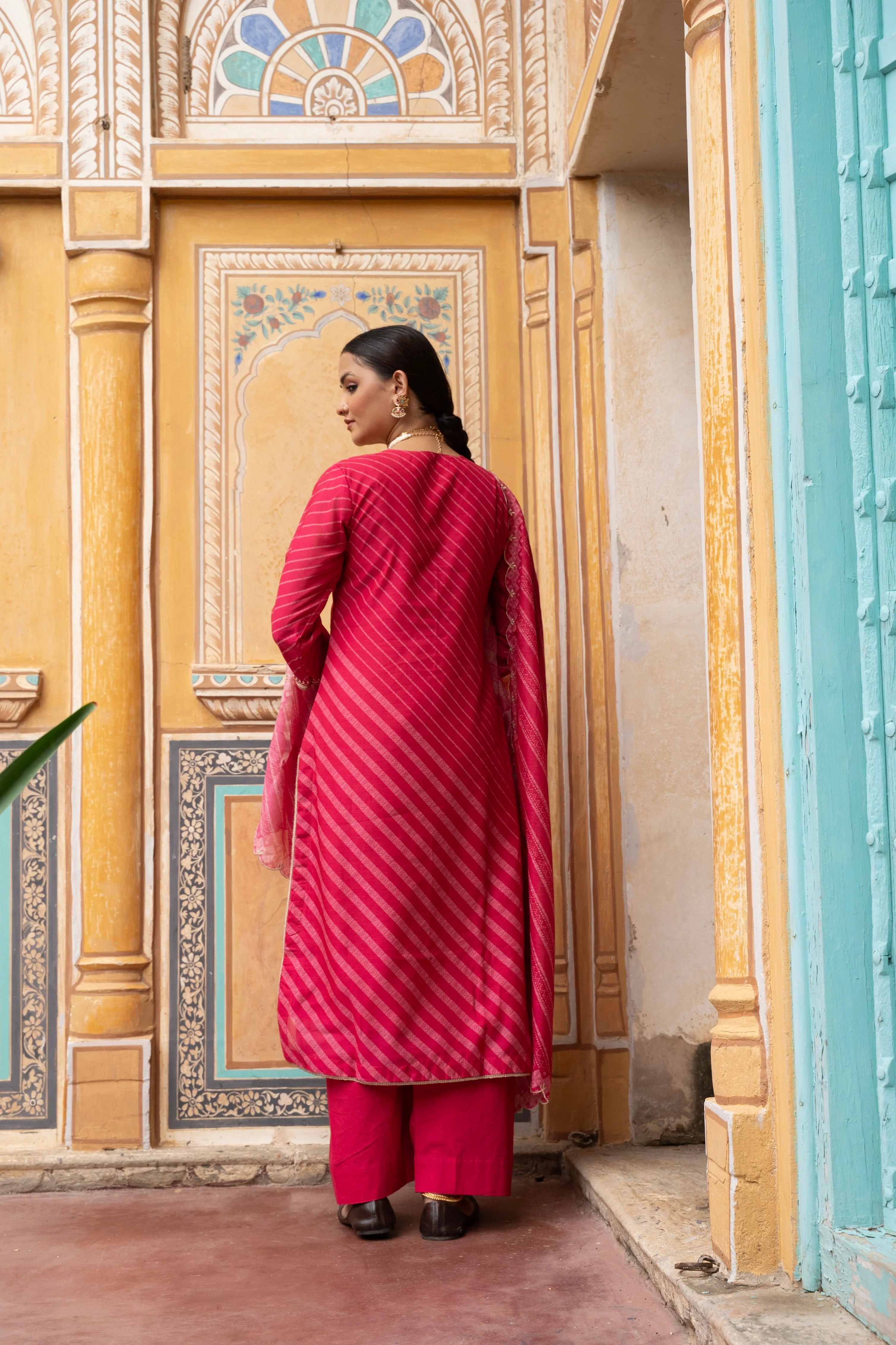 Coral Pink Embellished Chanderi Silk Pant Set - Image 5