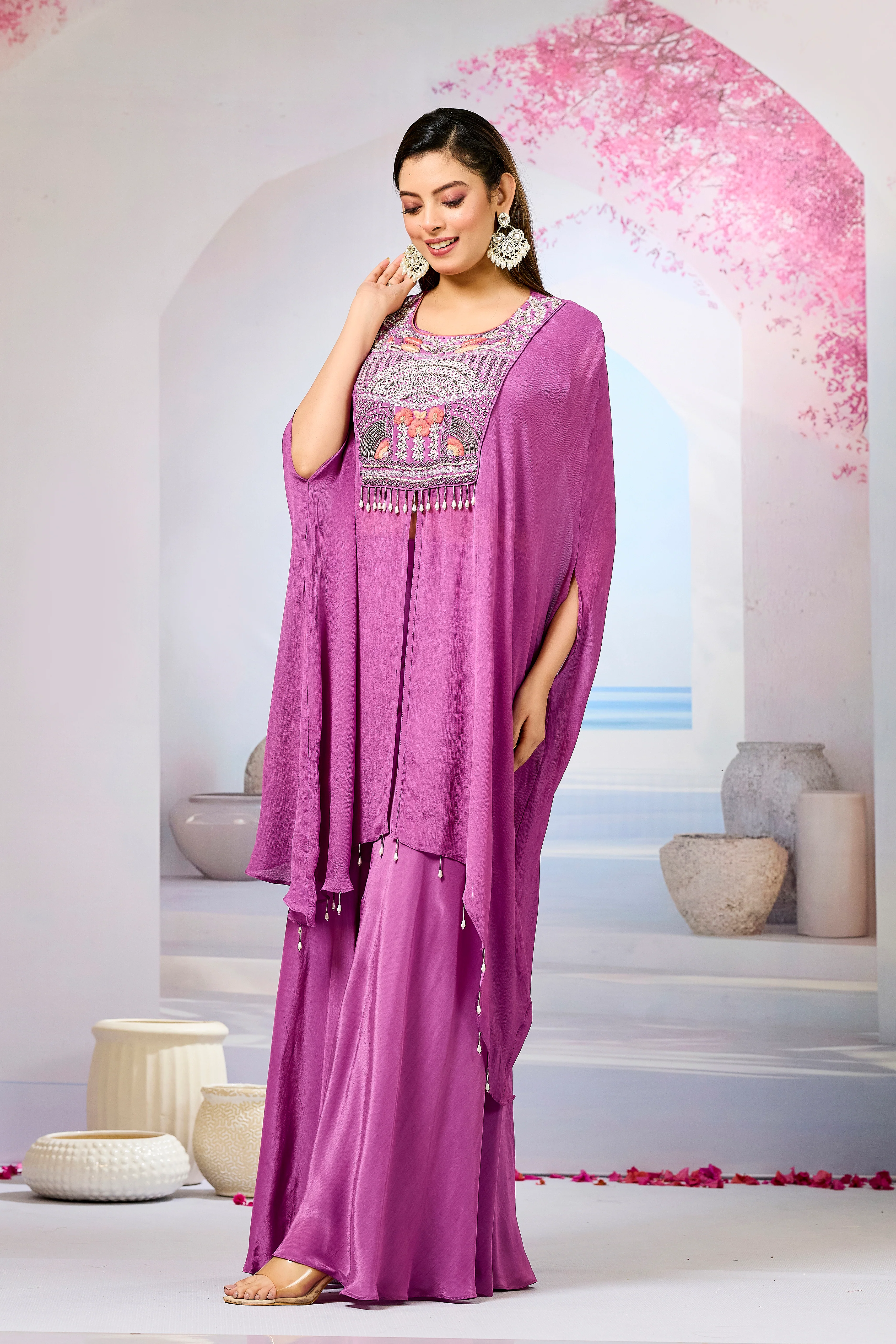 Pink Embellished Chinon Silk Palazzo Set - Image 2