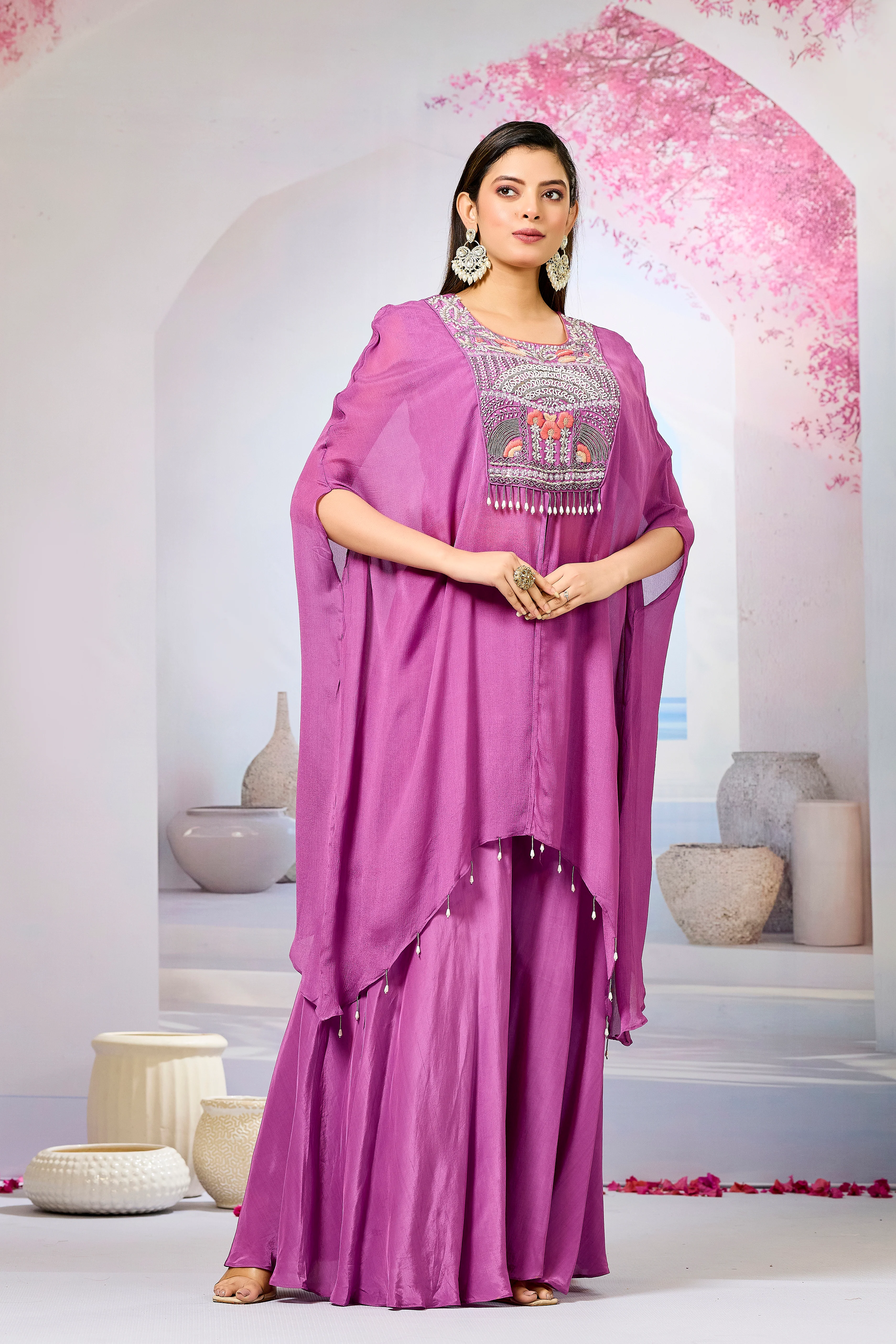 Pink Embellished Chinon Silk Palazzo Set - Image 3