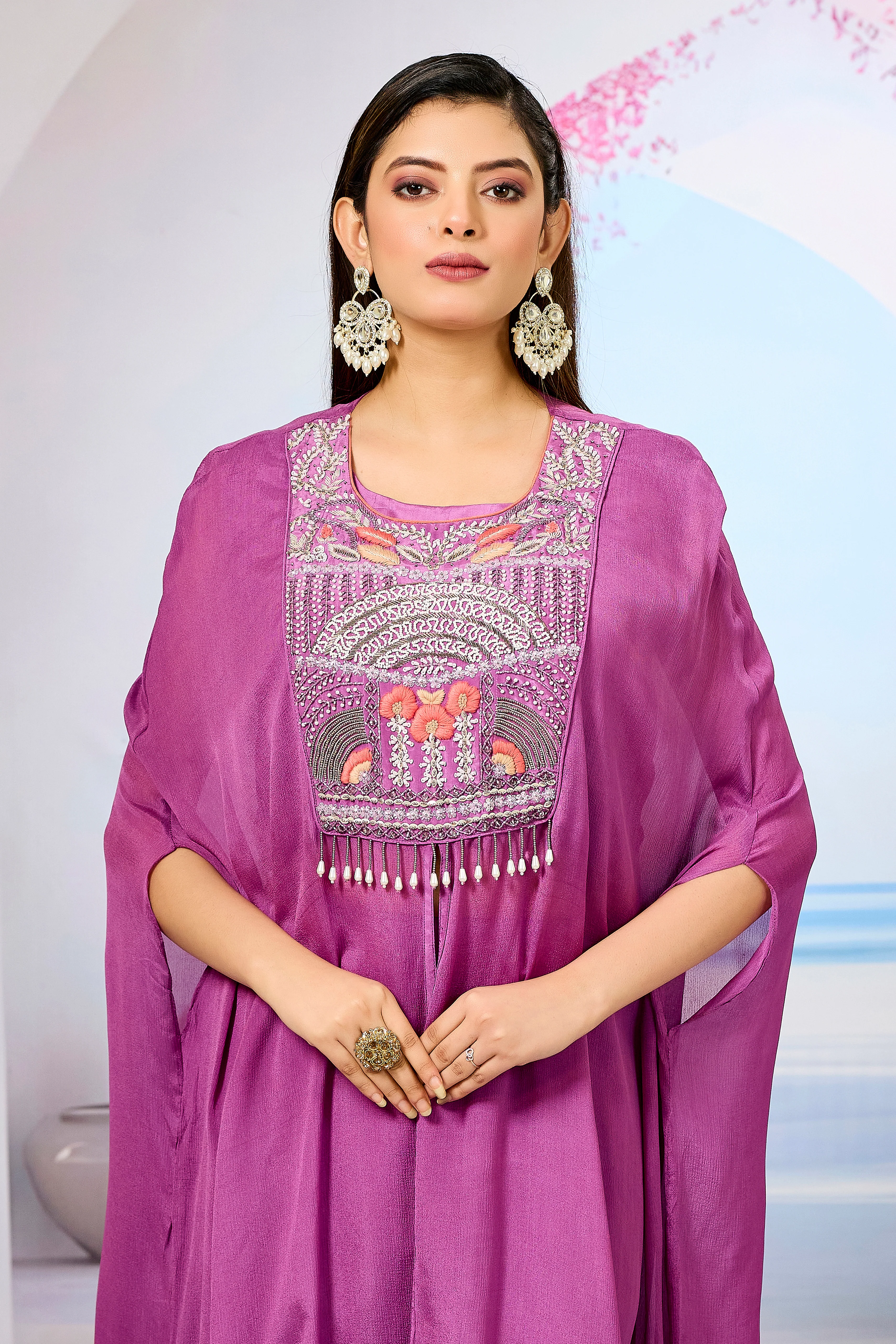 Pink Embellished Chinon Silk Palazzo Set - Image 4