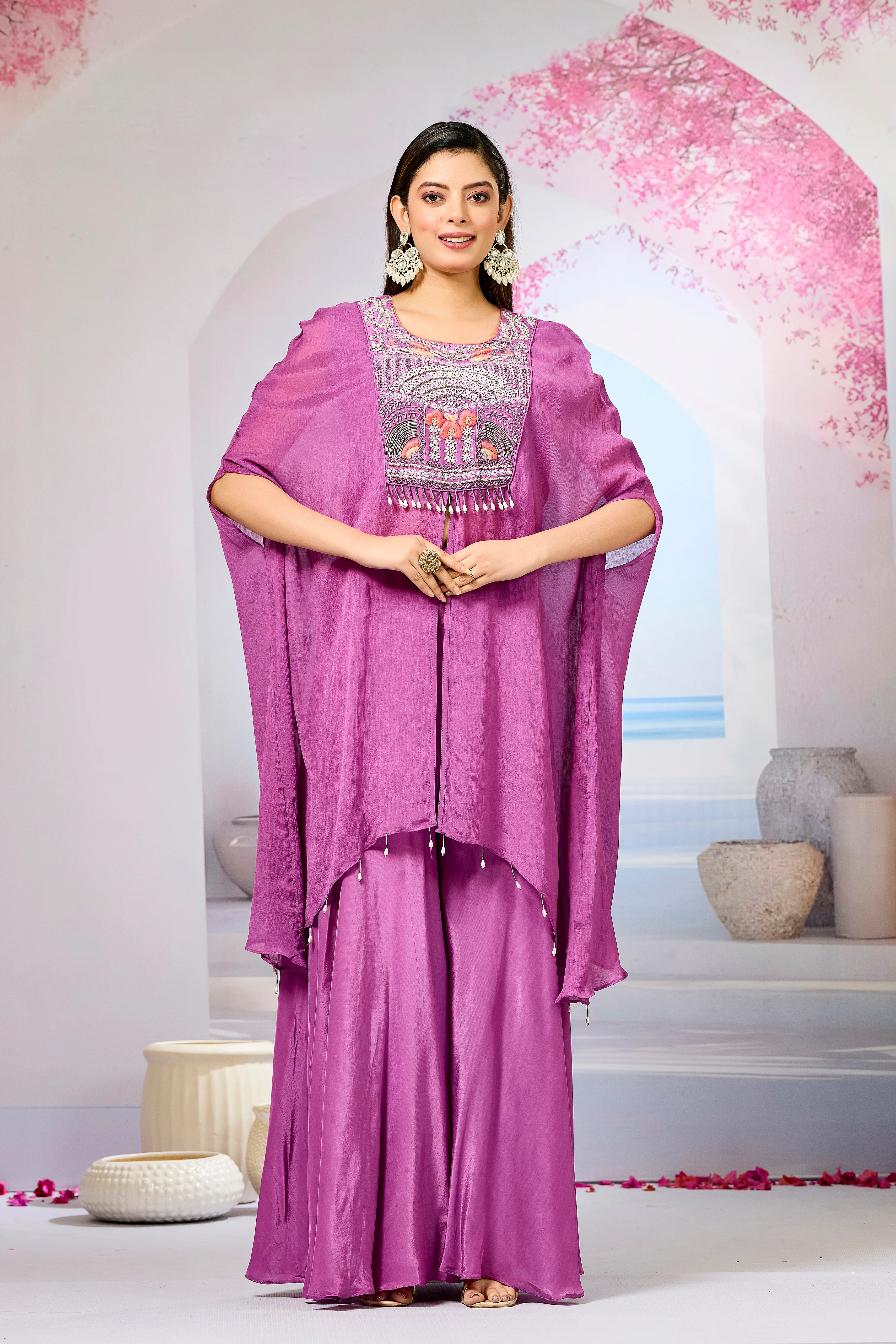 Pink Embellished Chinon Silk Palazzo Set - Image 5