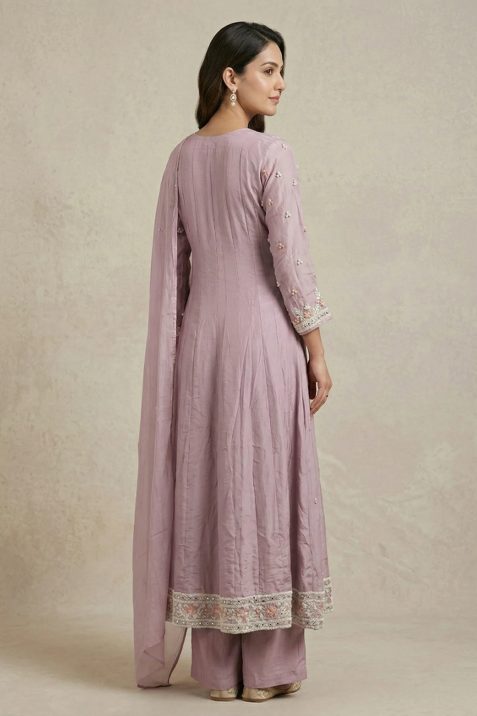 Soft Lavender Embellished Crepe Silk Anarkali Set - Image 2