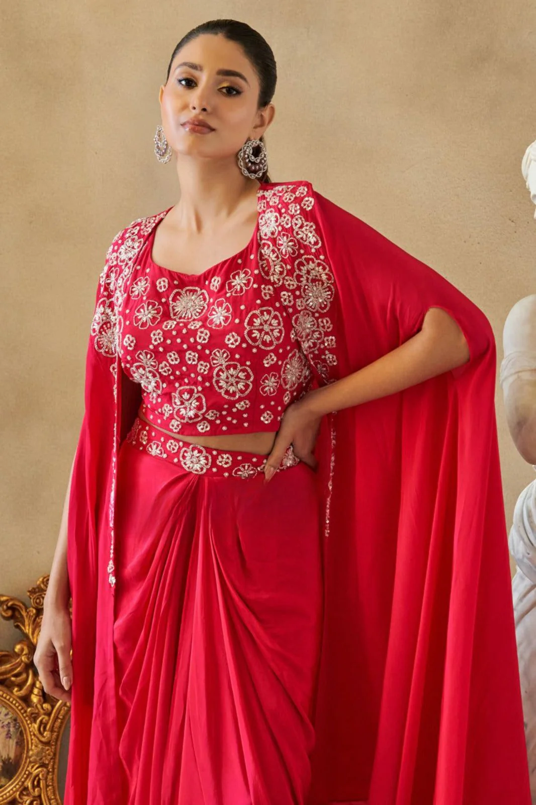 Pink Embellished Crepe Silk Cape Set - Image 3