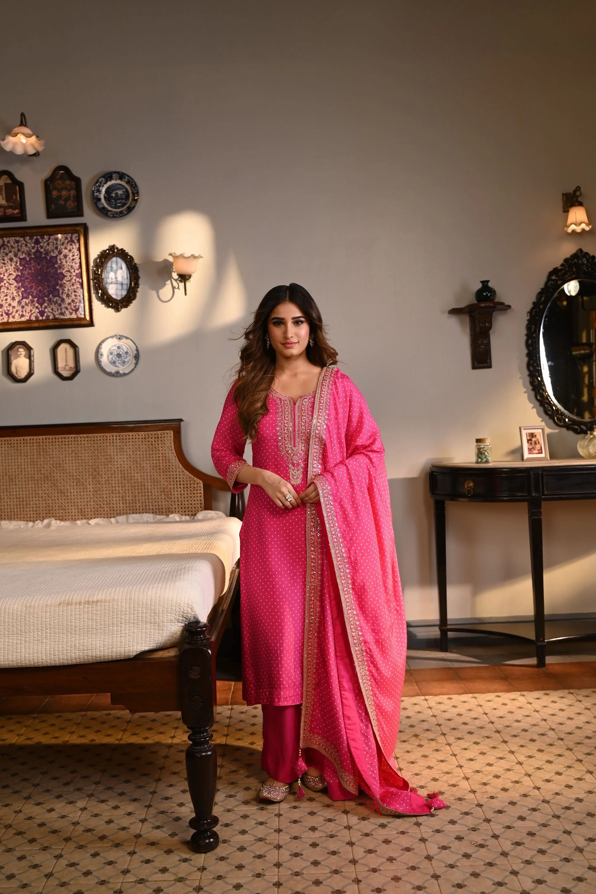 Pink Embellished Pure Muslin Silk Pant Set - Image 3