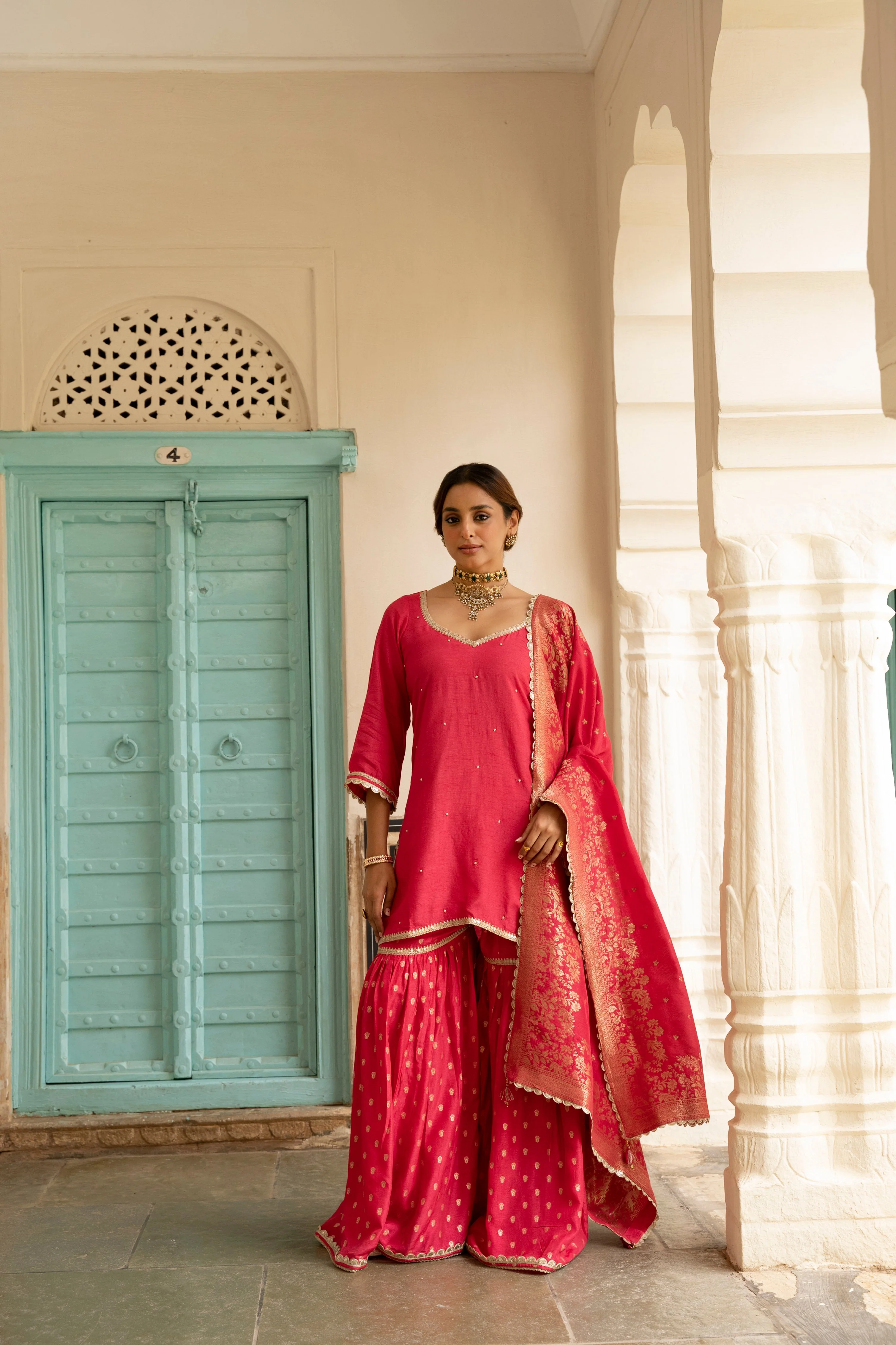 Pink Embellished Dola Silk Sharara Set