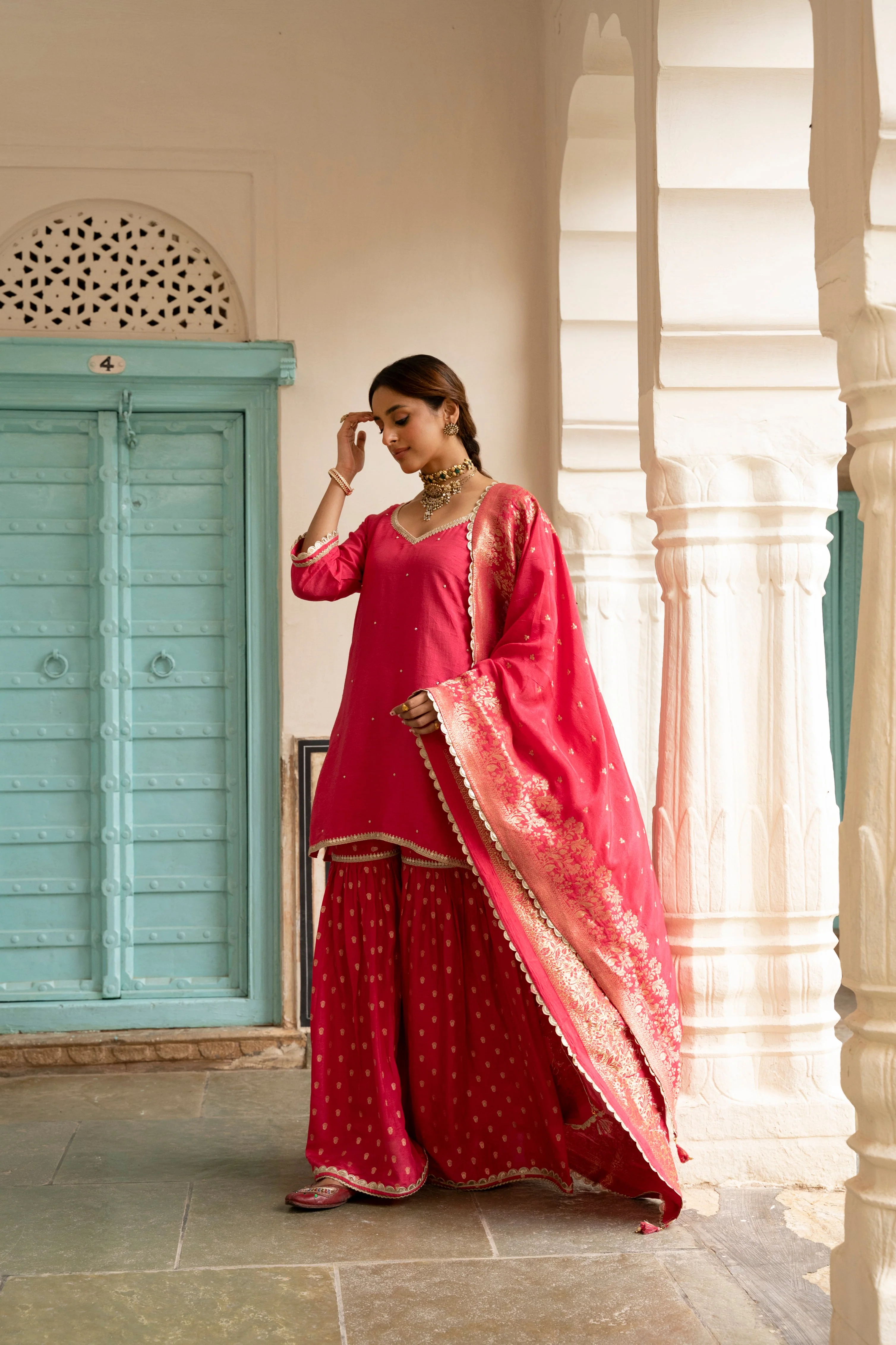 Pink Embellished Dola Silk Sharara Set - Image 3