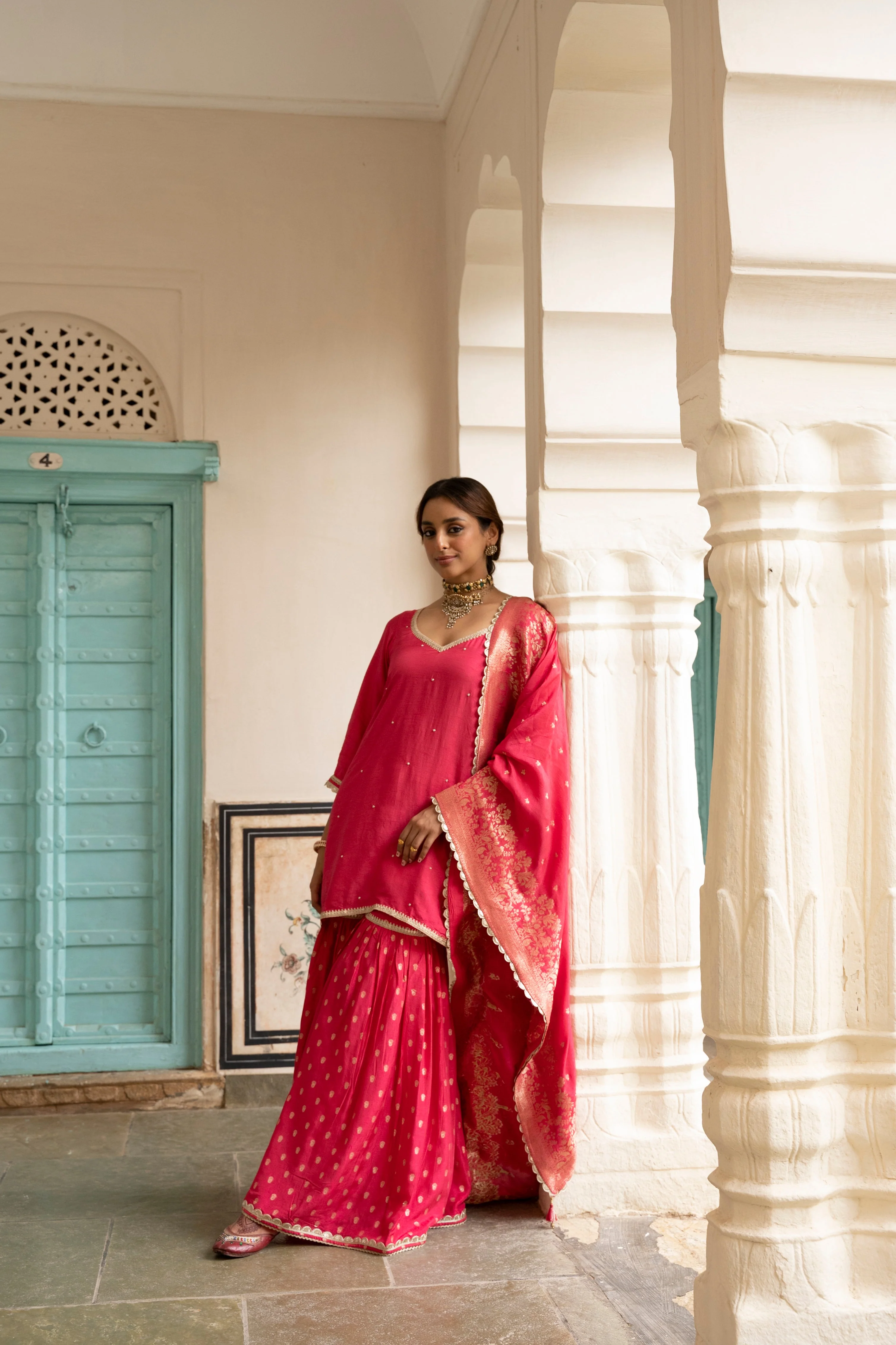 Pink Embellished Dola Silk Sharara Set - Image 4