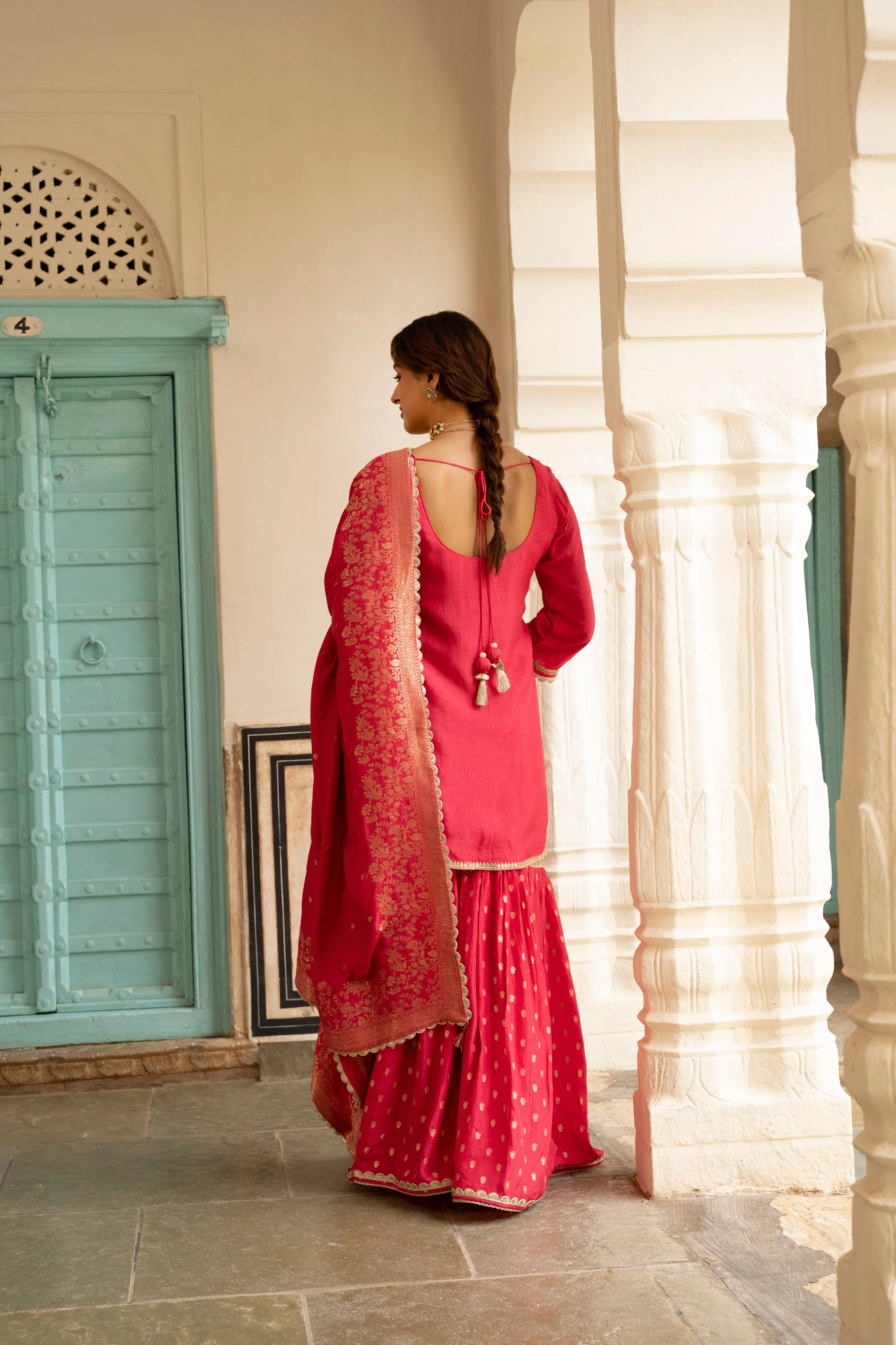 Pink Embellished Dola Silk Sharara Set - Image 5