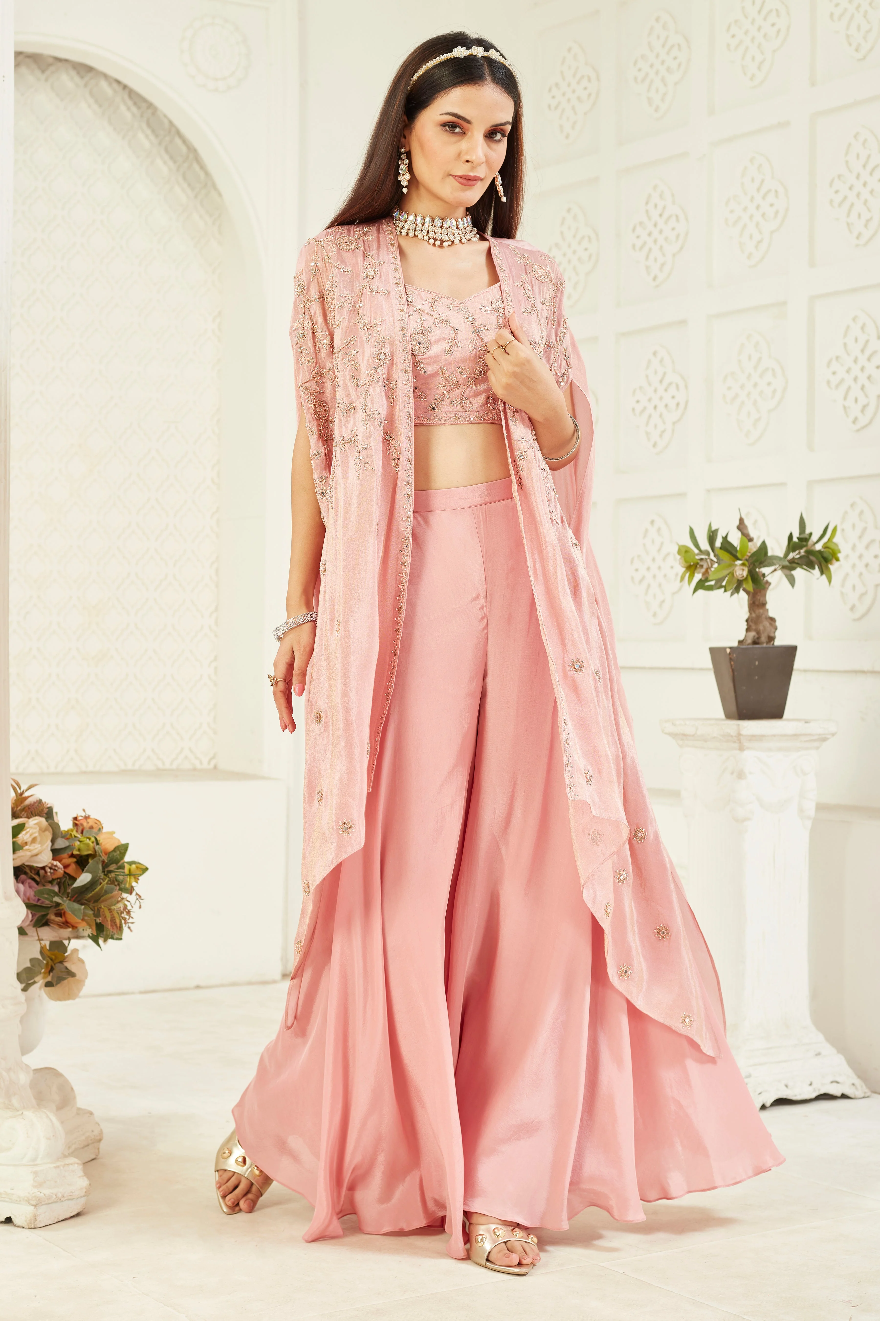 Pink Embellished Georgette Silk Cape Set - Image 3