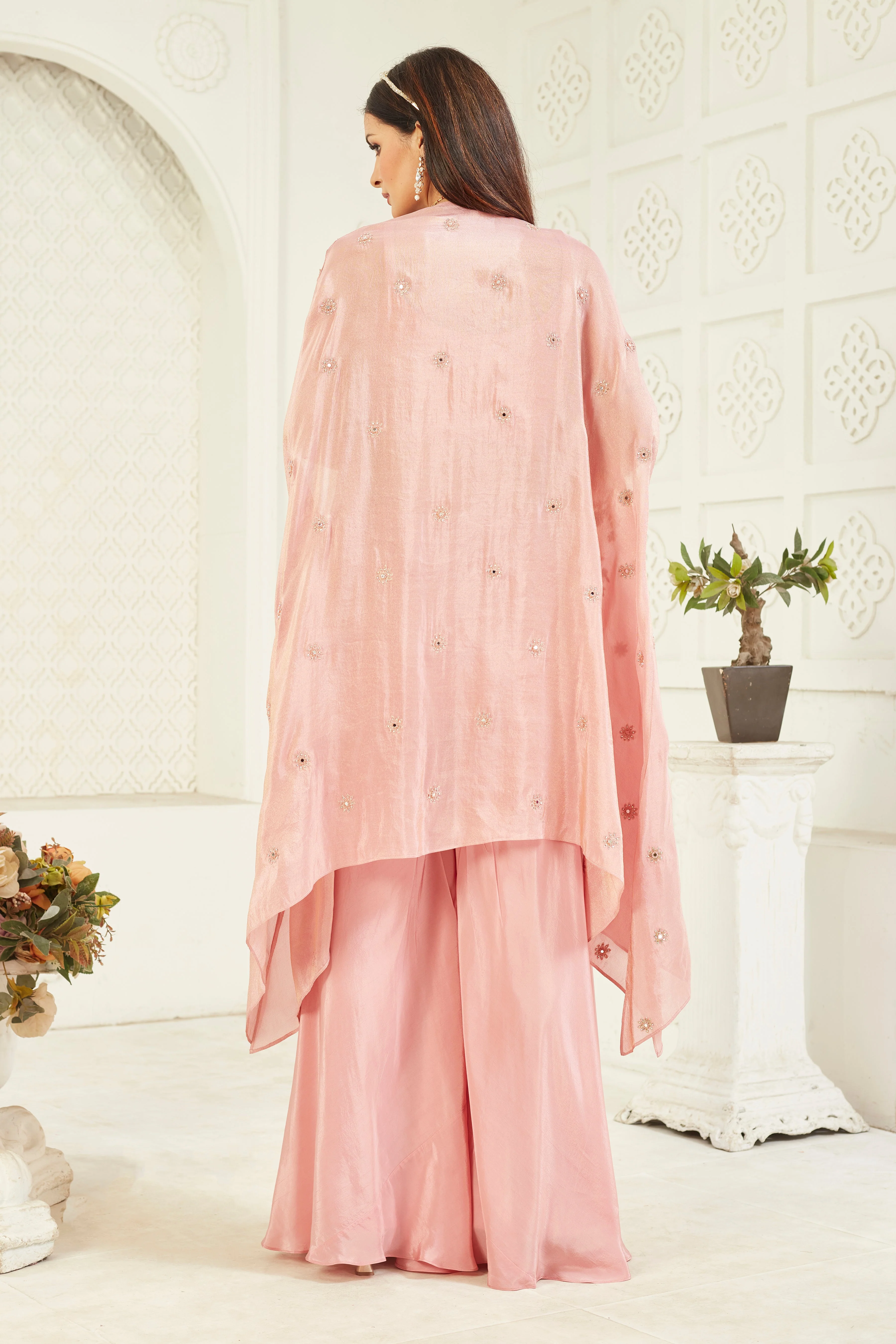 Pink Embellished Georgette Silk Cape Set - Image 4