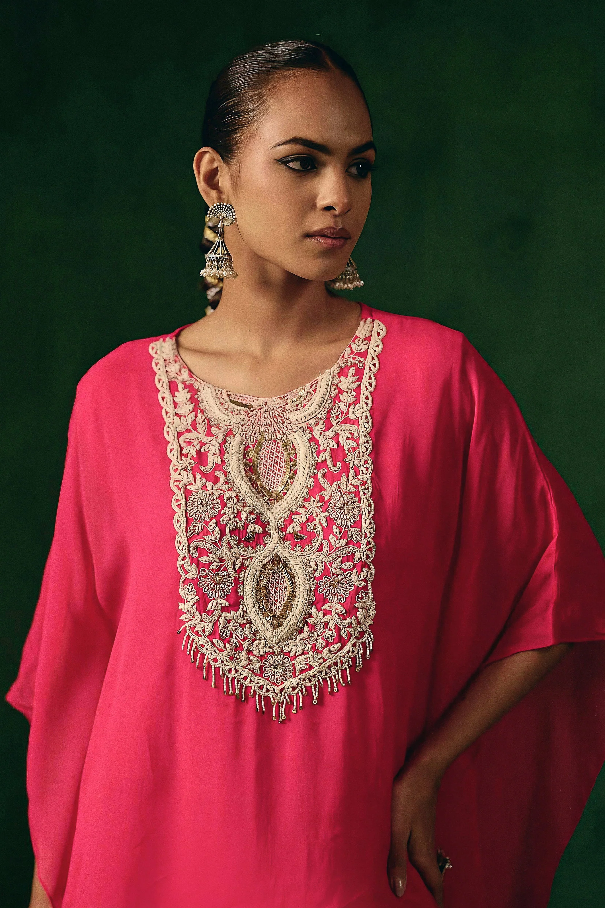 Rich Pink Embellished Georgette Silk Dress - Image 3