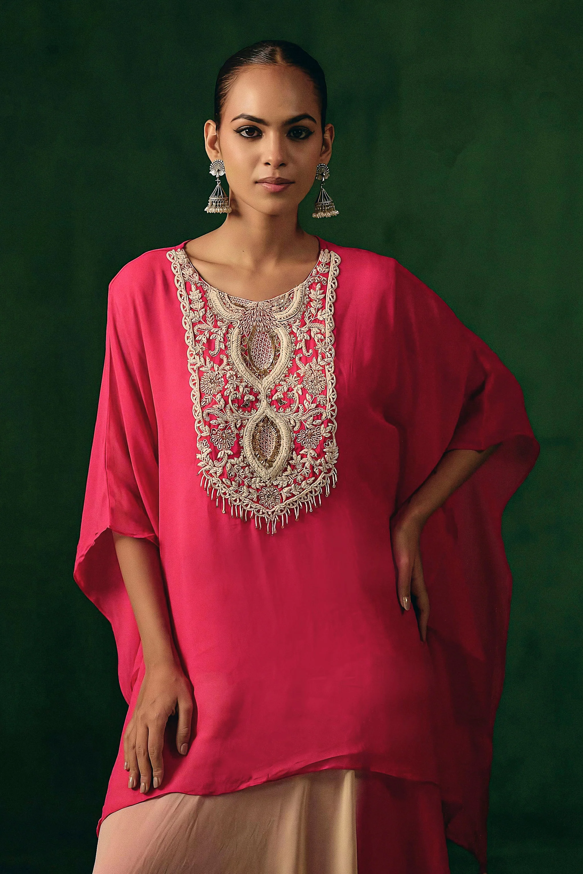 Rich Pink Embellished Georgette Silk Dress - Image 4