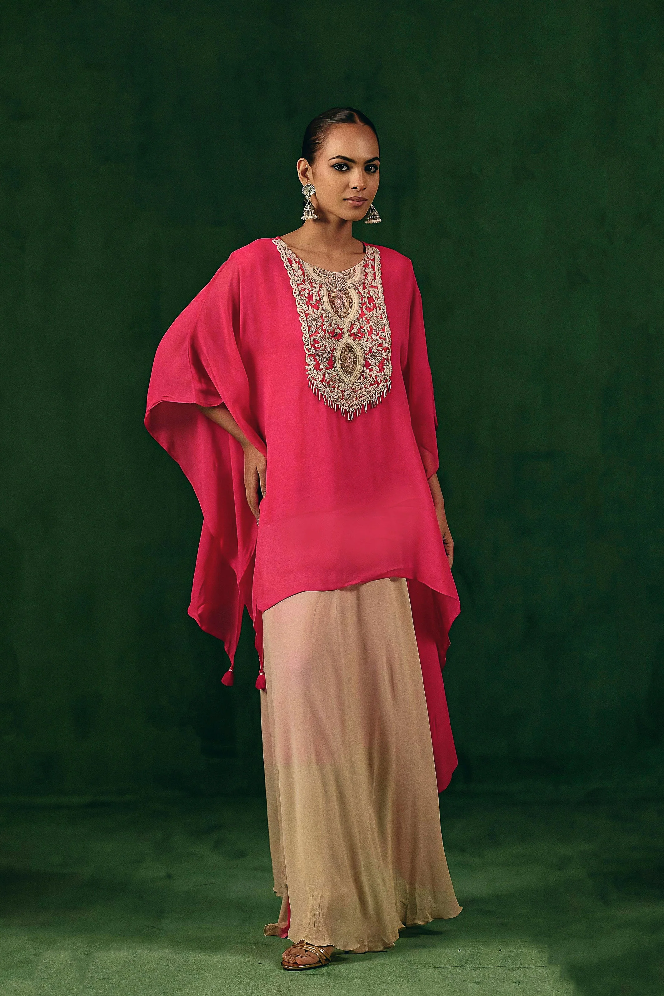 Rich Pink Embellished Georgette Silk Dress - Image 5