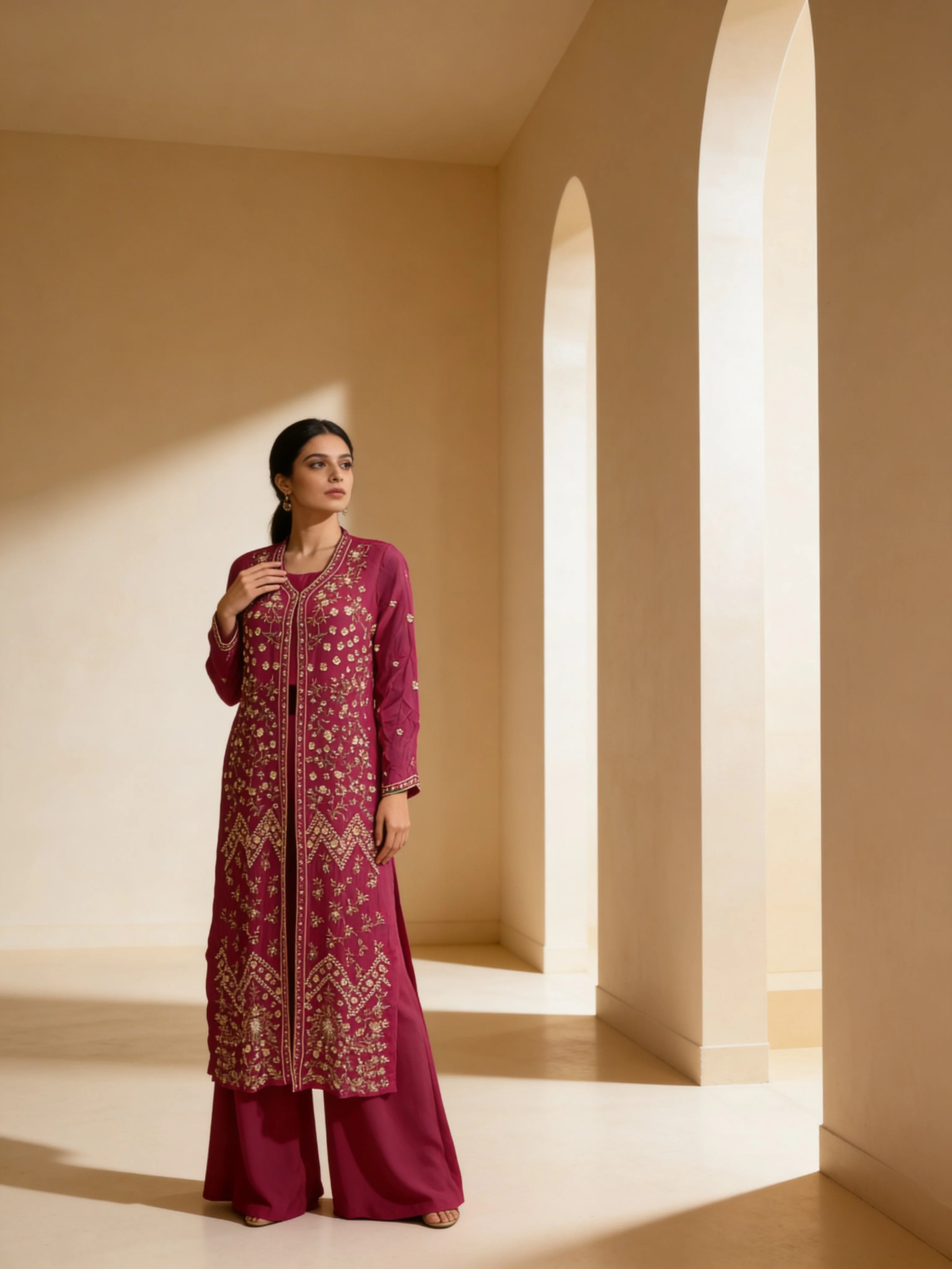 Rich Pink Embellished Georgette Silk Palazzo Set - Image 2