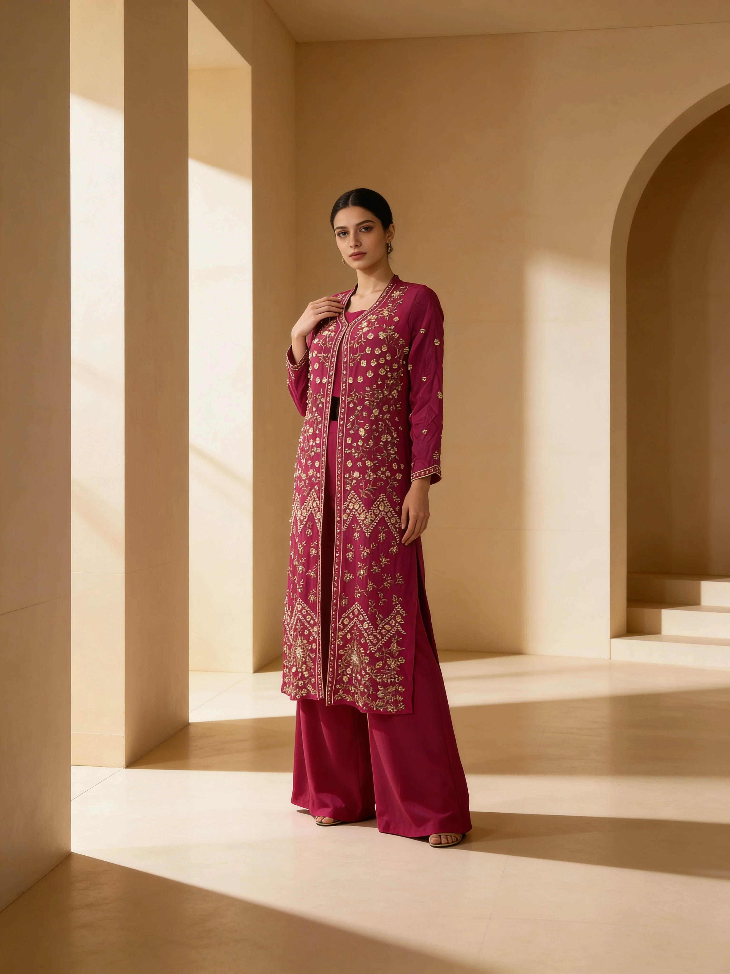 Rich Pink Embellished Georgette Silk Palazzo Set - Image 3