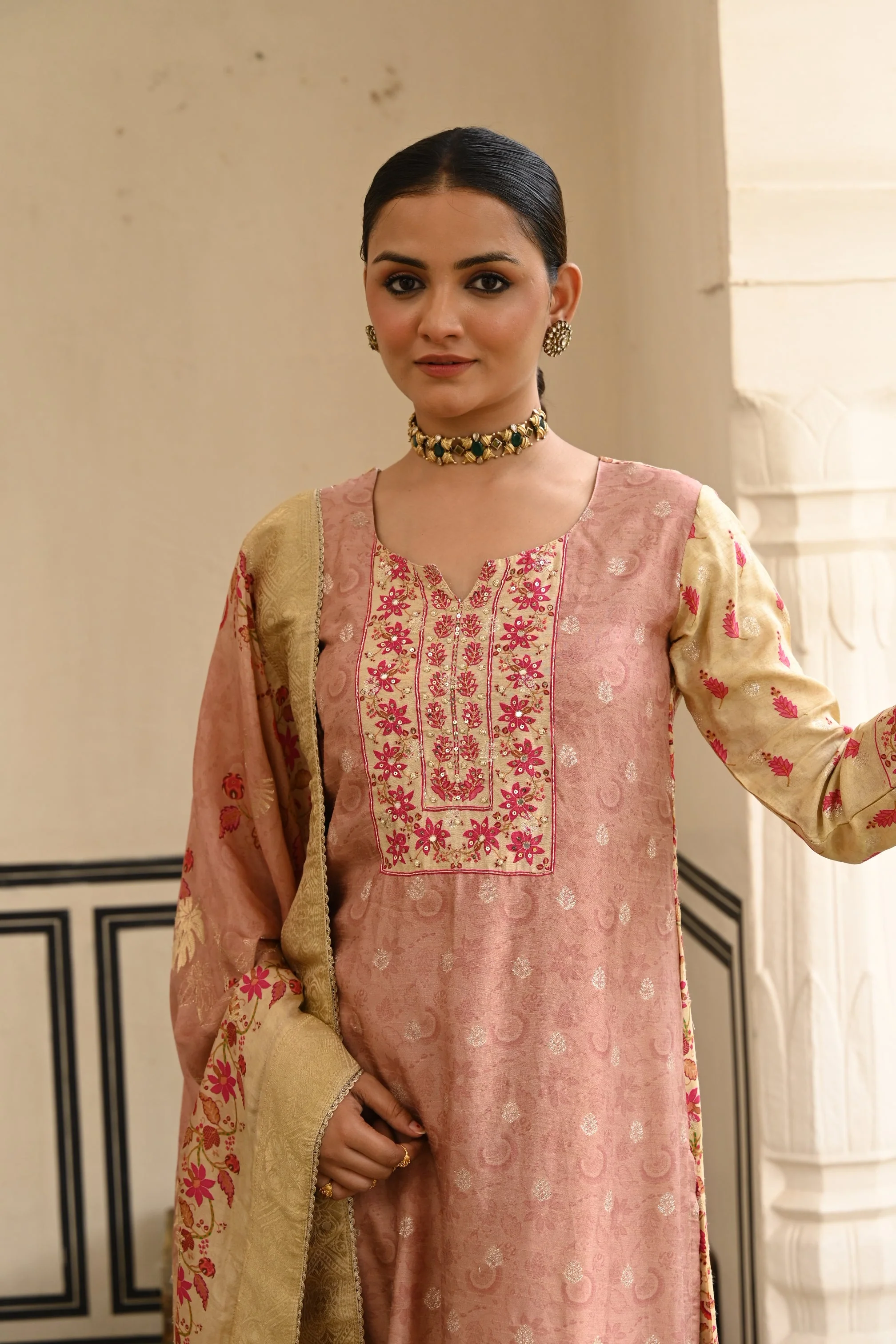 Onion Pink Printed Jacquard Silk Pant Set - Image 2