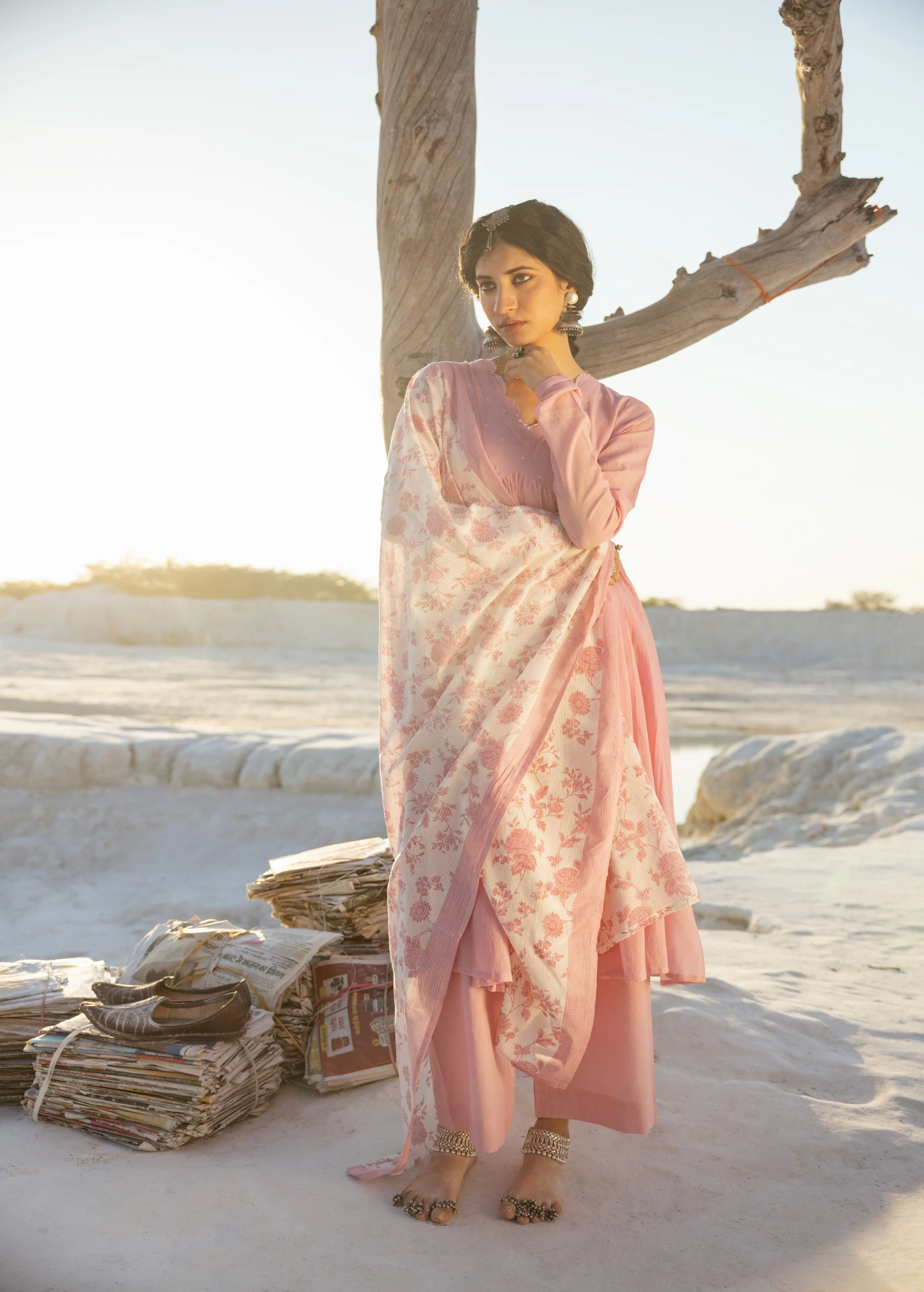 Blush Pink Embellished Mul Cotton Anarkali Set - Image 4
