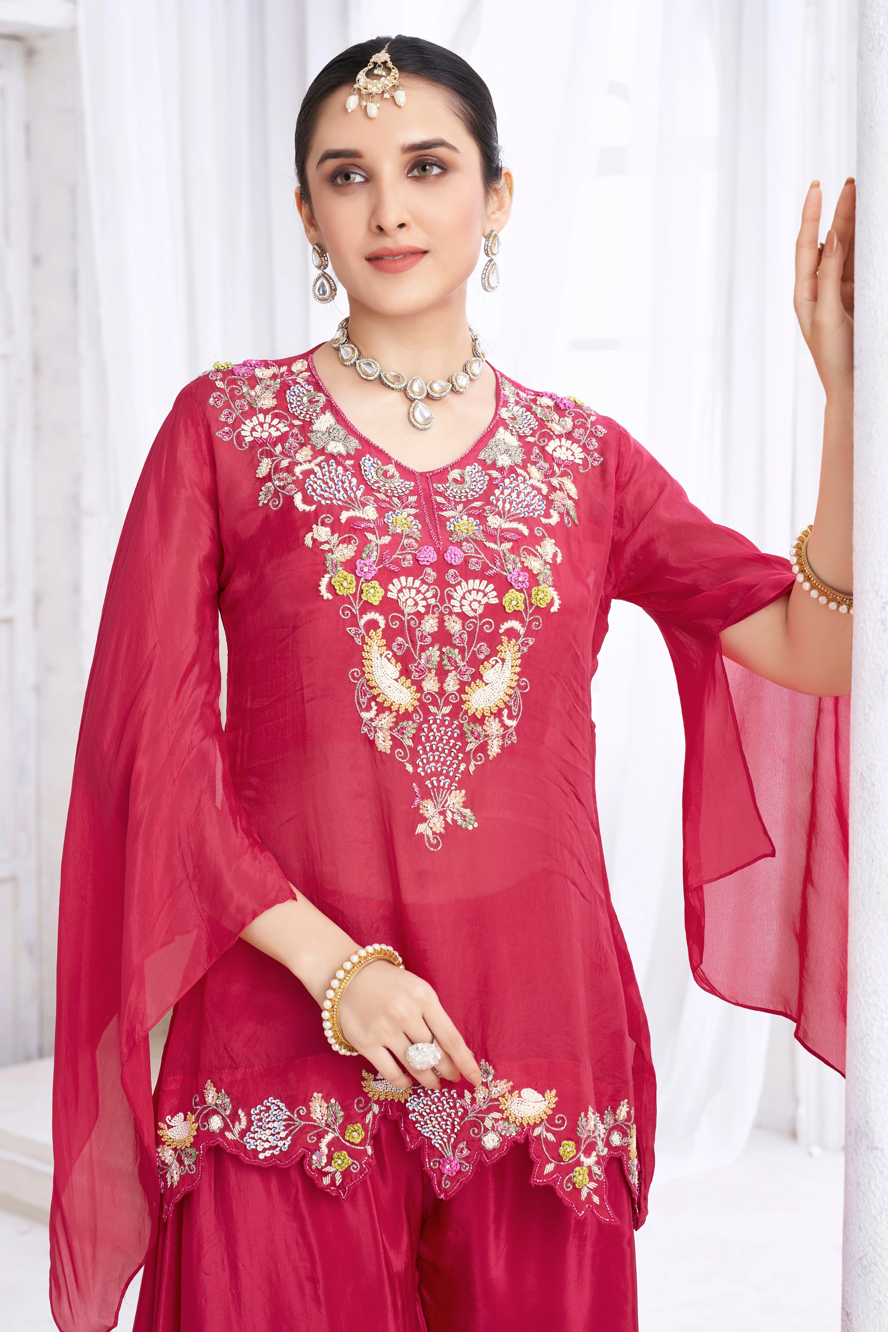 Berry Pink Embellished Organza Silk Palazzo Set - Image 2