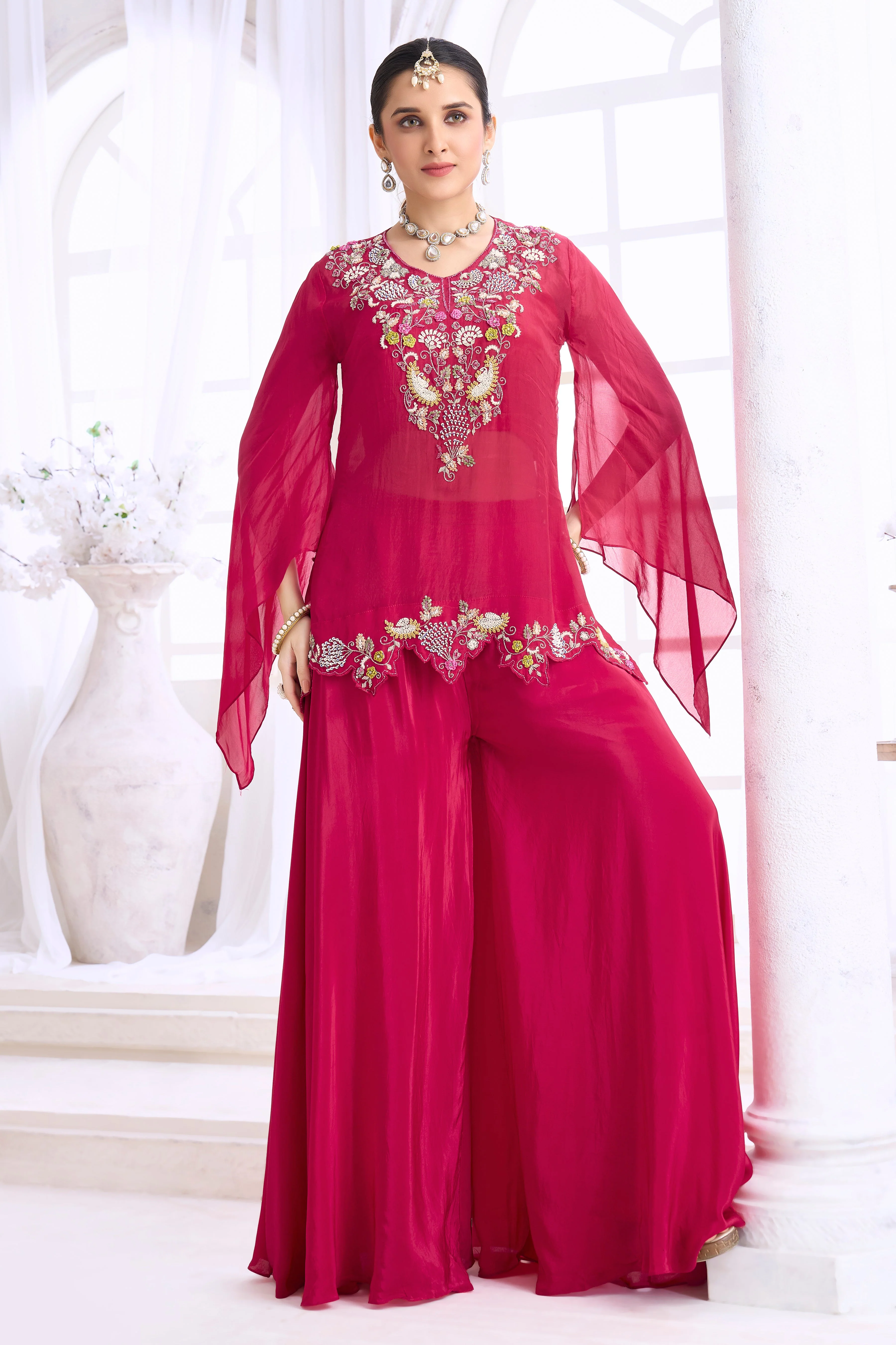 Berry Pink Embellished Organza Silk Palazzo Set - Image 3