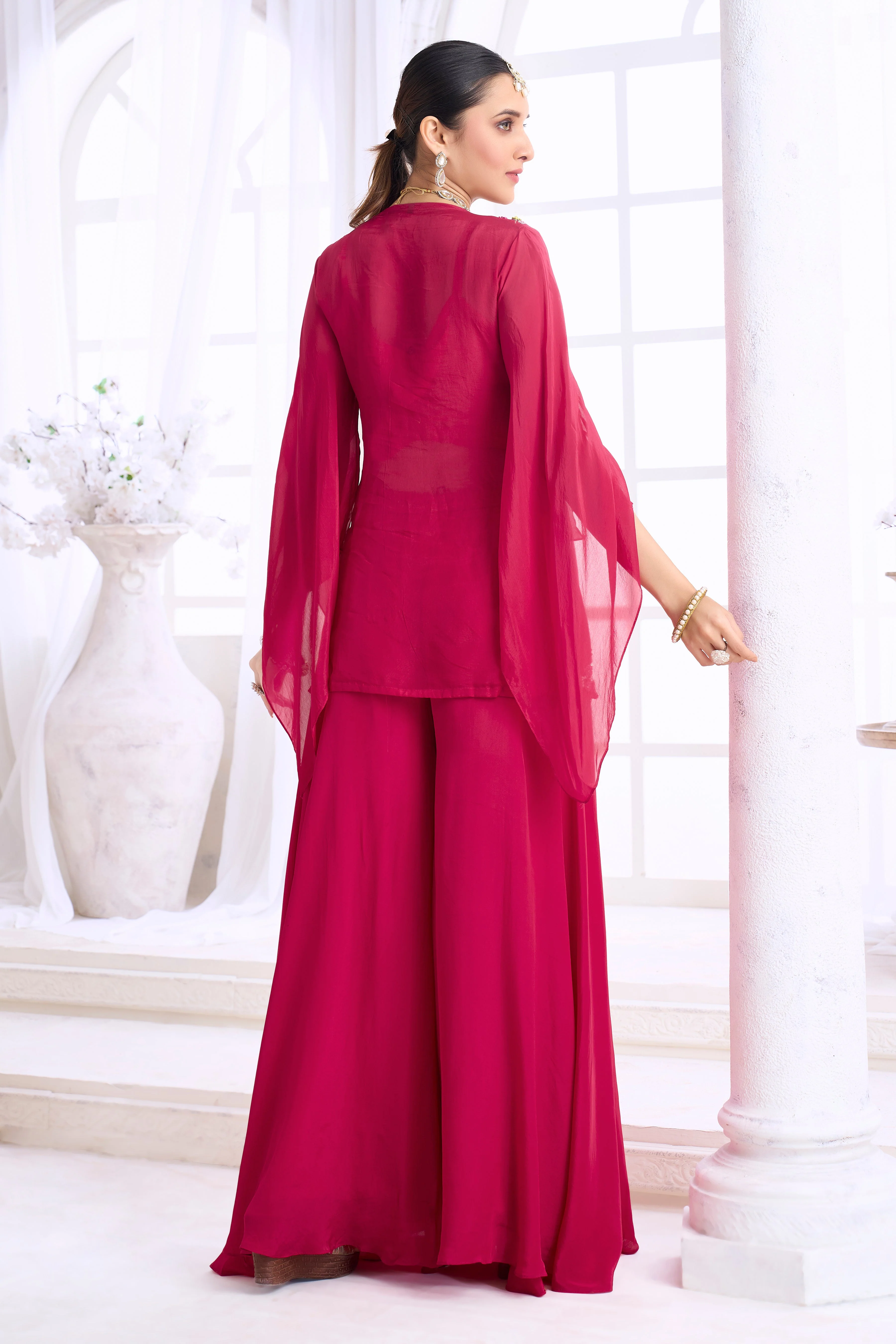 Berry Pink Embellished Organza Silk Palazzo Set - Image 4