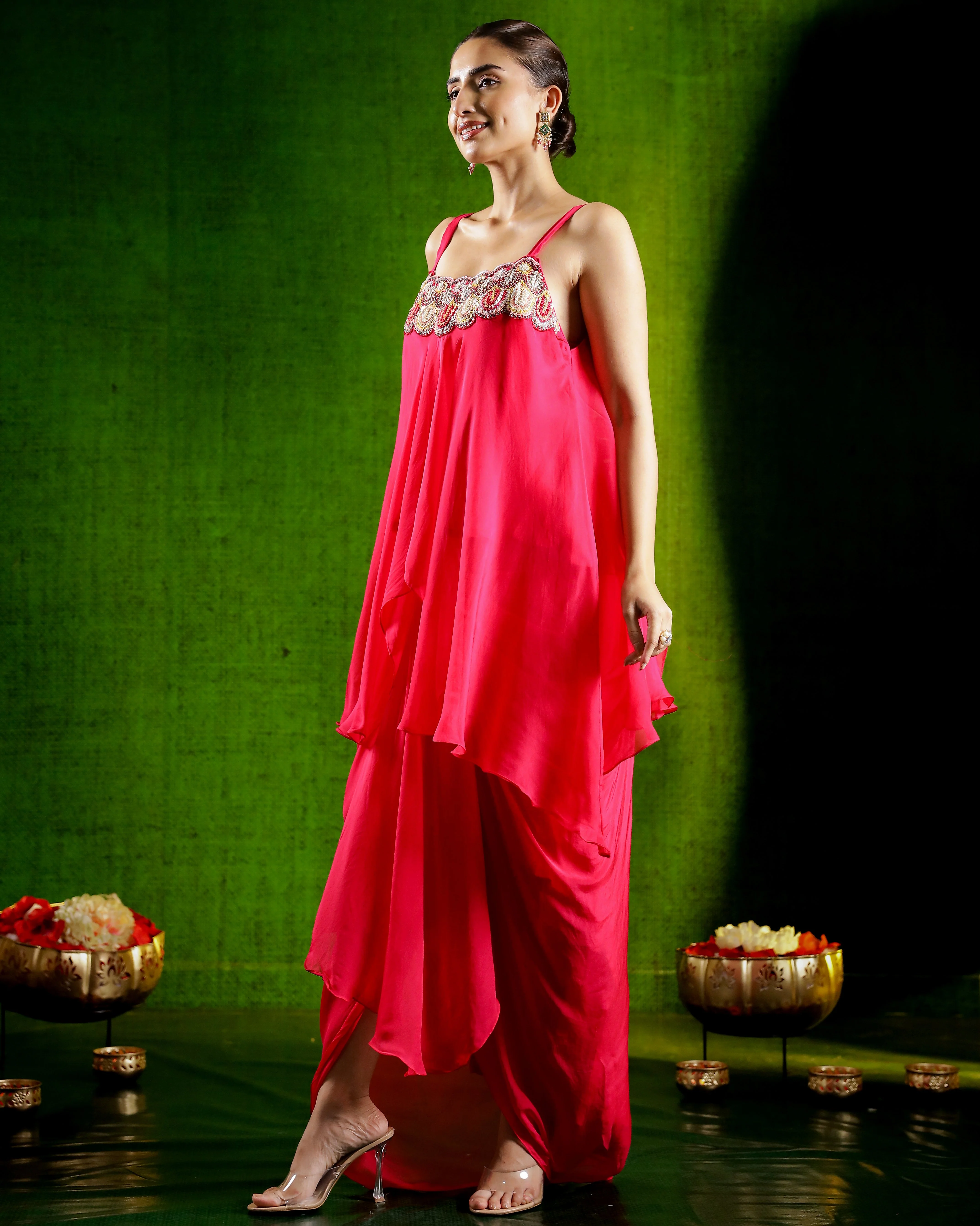 Pink Embellished Organza Silk Skirt Set - Image 4