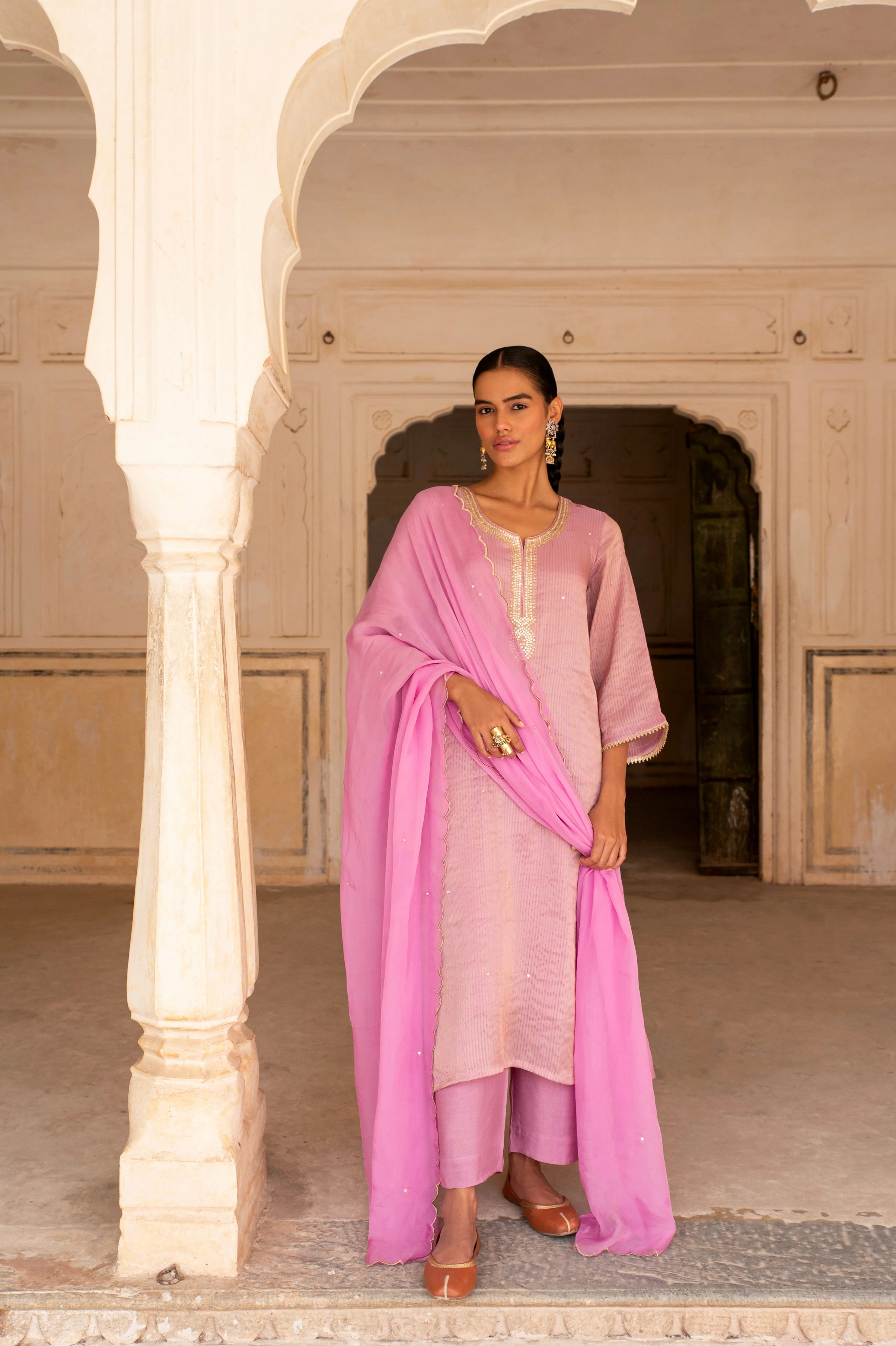 Pink Embellished Premium Silk Pant Set