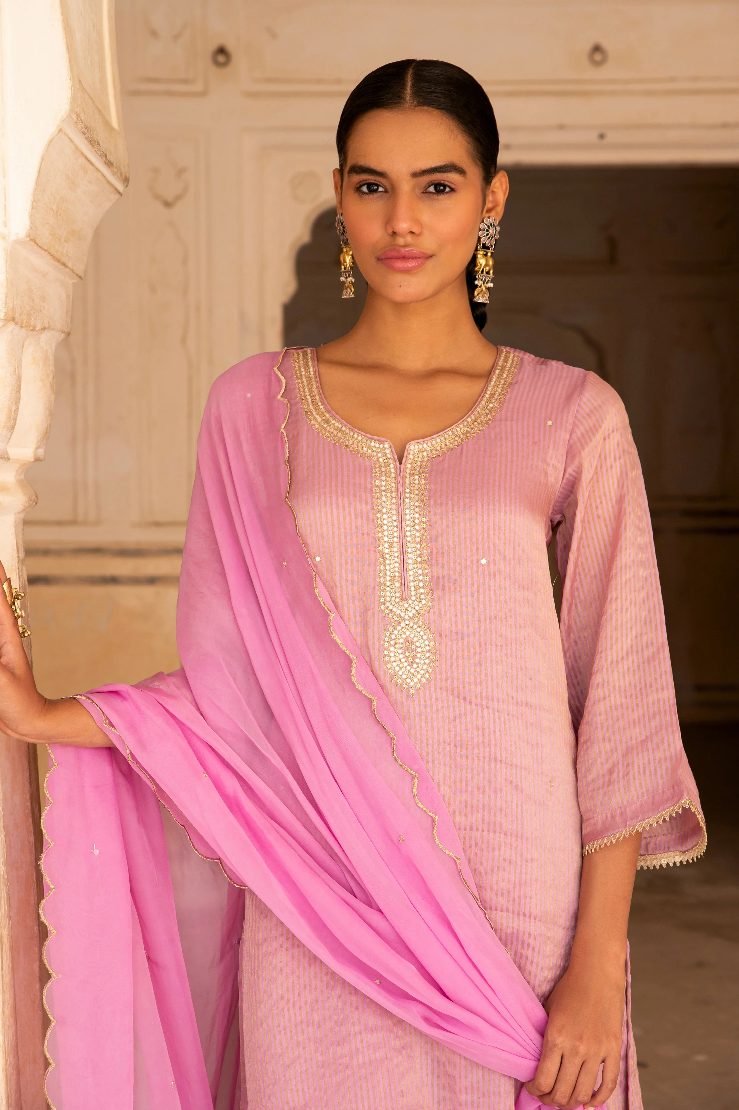 Pink Embellished Premium Silk Pant Set - Image 2