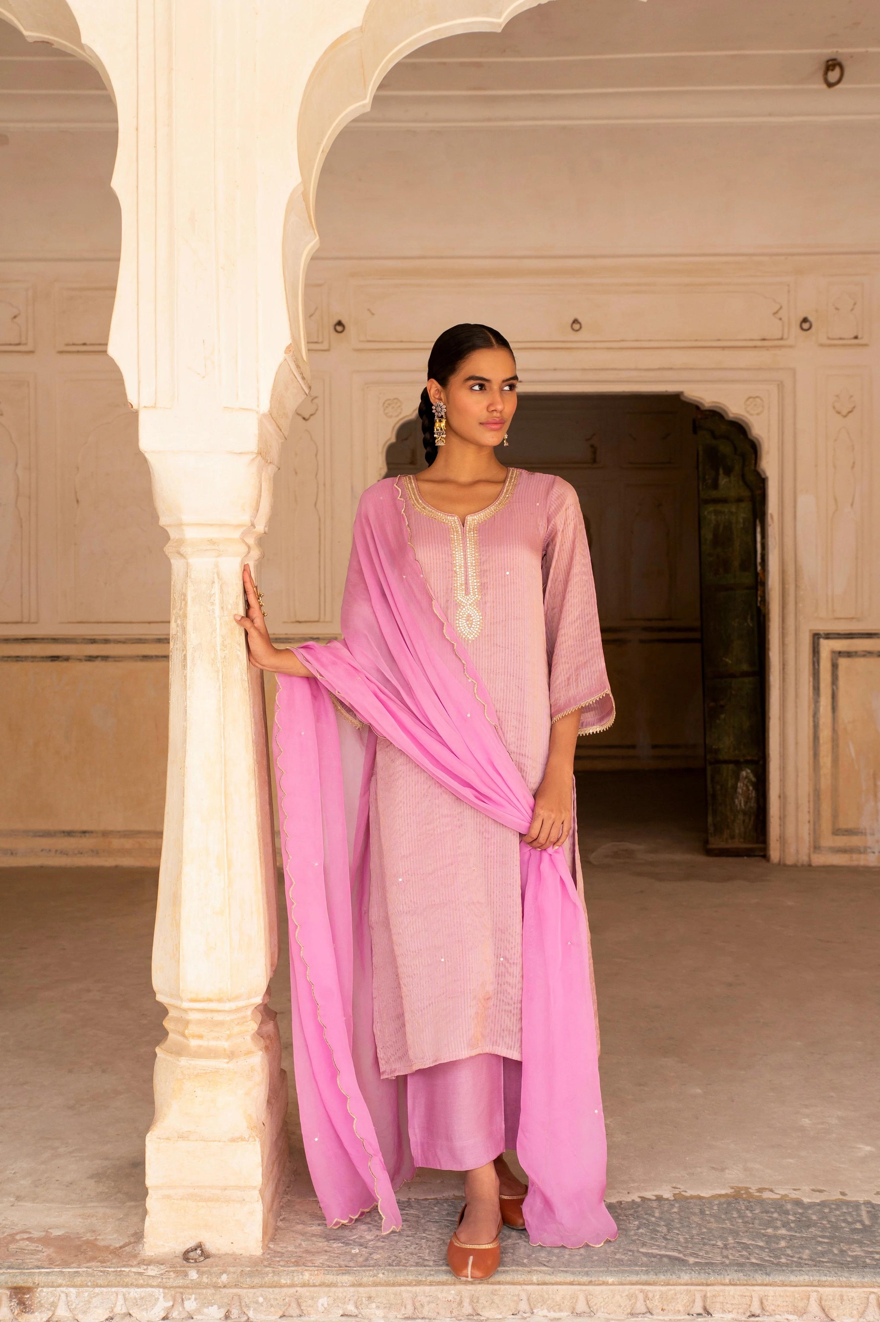 Pink Embellished Premium Silk Pant Set - Image 3