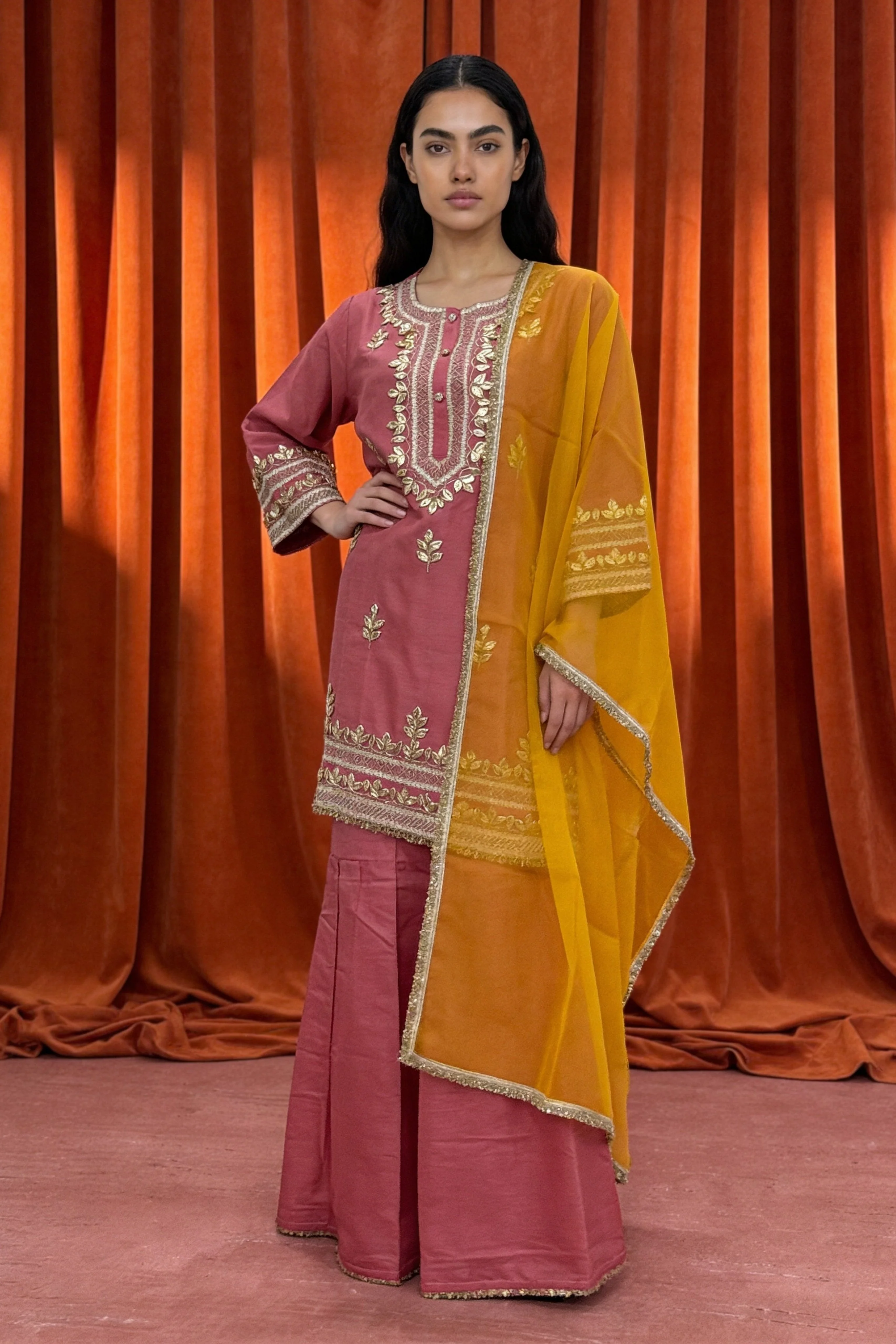 Rose Pink Silk Gota Patti Sharara Set