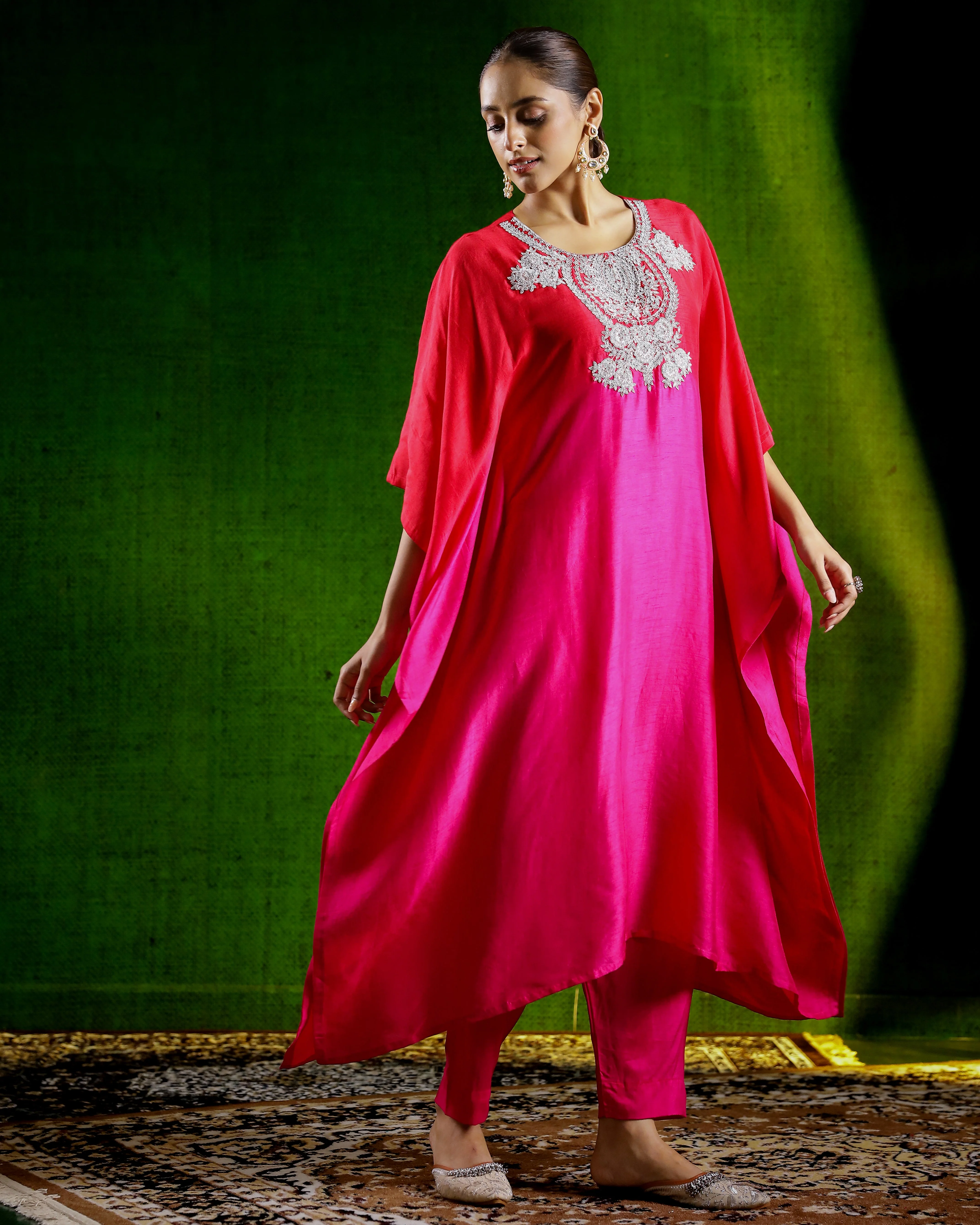 Pink Embellished Raw Silk Kaftan Set - Image 3